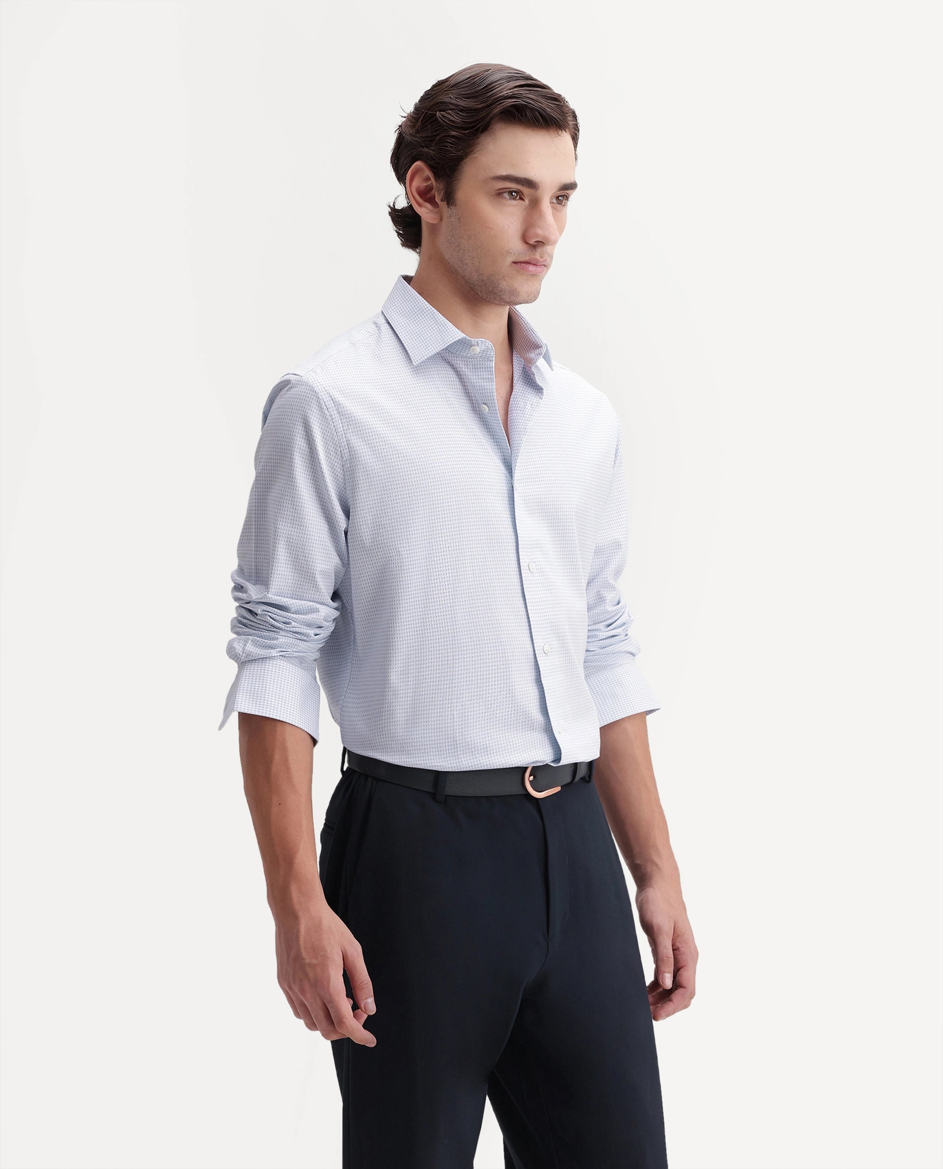 Rare Rabbit Men's Anaa Light Blue Cotton Spread Collar Regular Fit Checked Shirt