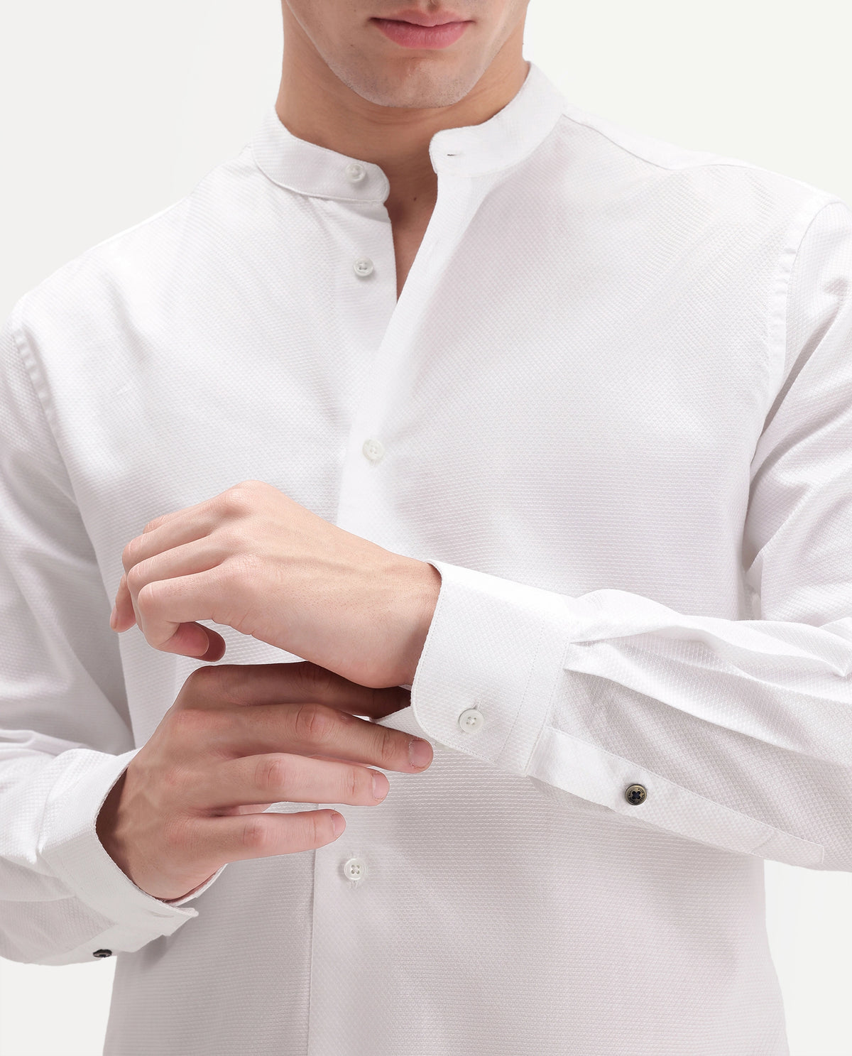 Rare Rabbit Men's Enigma White Cotton Mandarin Collar Regular Fit Plain Shirt
