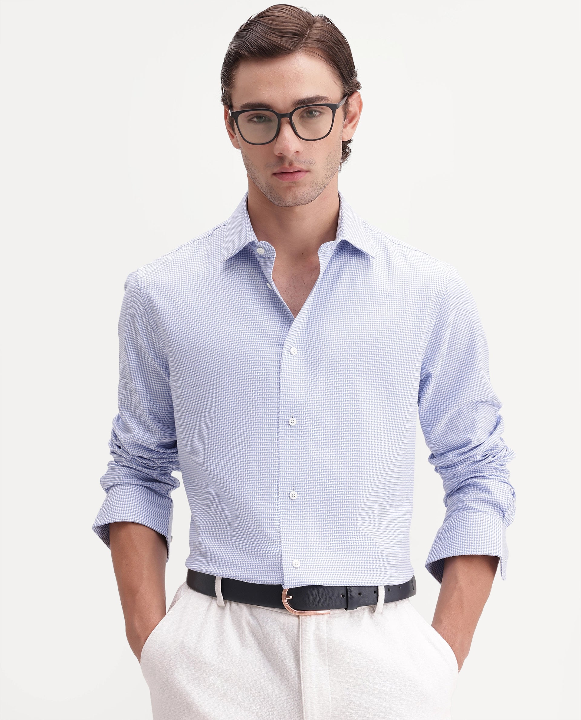 Rare Rabbit Men's Sang Blue Cotton Spread Collar Regular Fit Checked Shirt