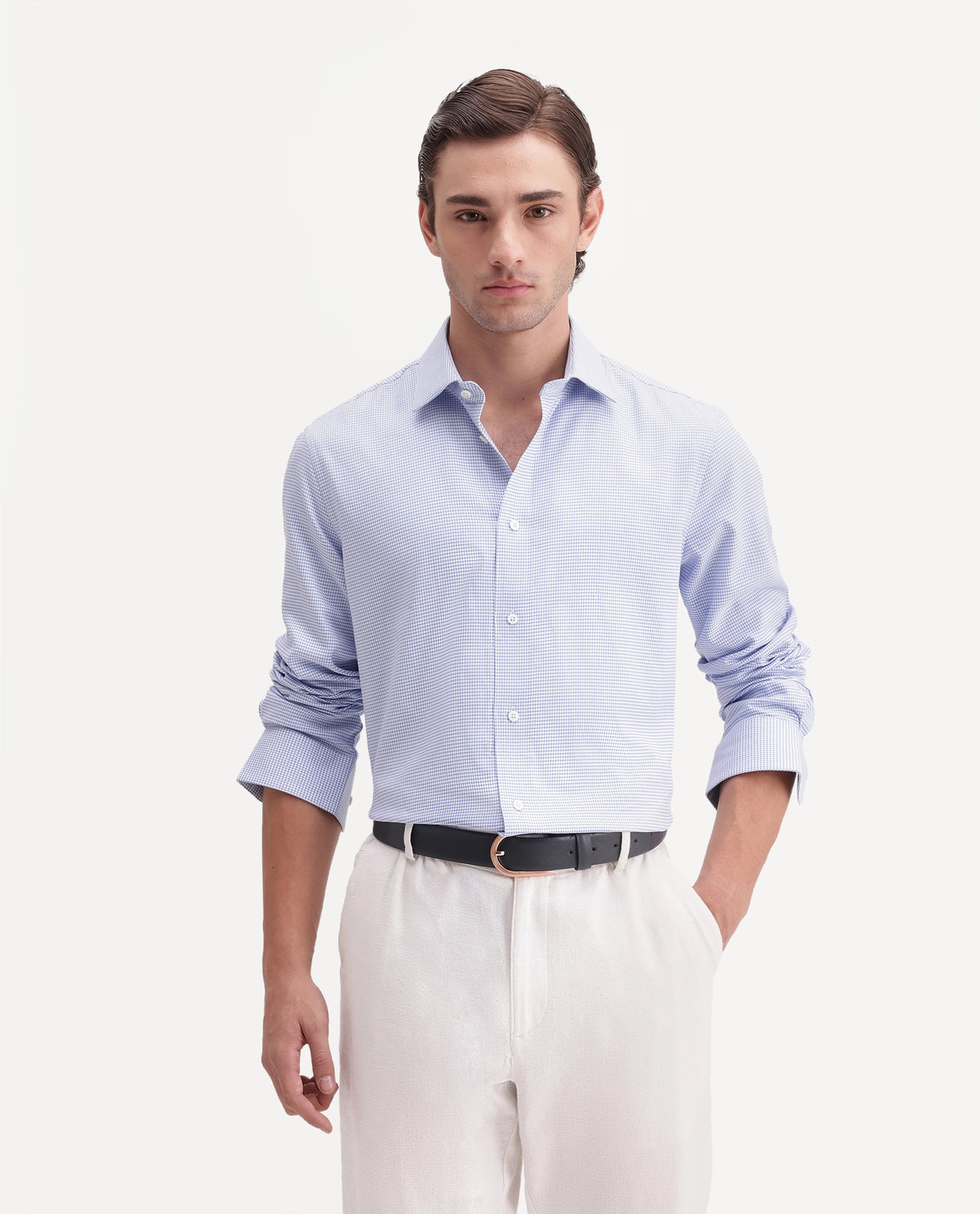 Rare Rabbit Men's Sang Blue Cotton Spread Collar Regular Fit Checked Shirt