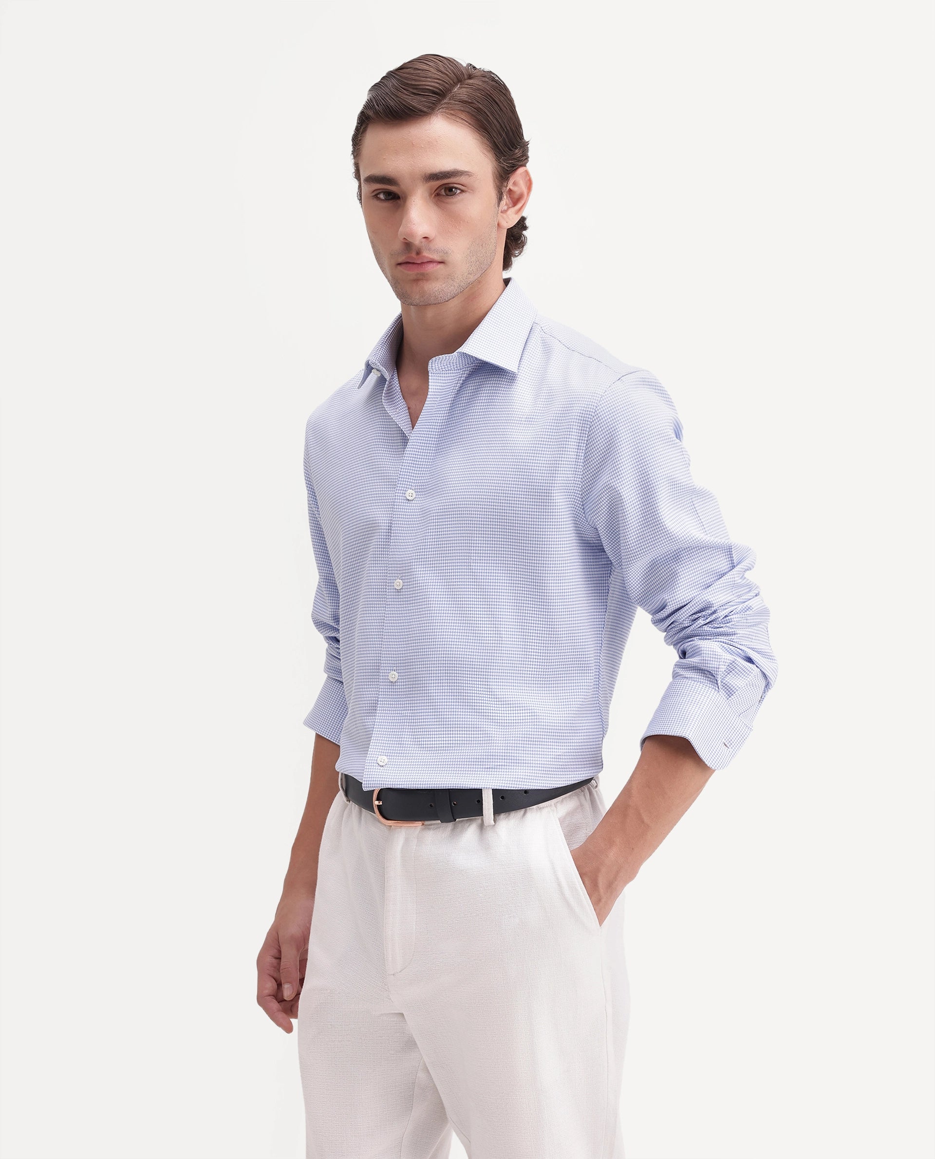 Rare Rabbit Men's Sang Blue Cotton Spread Collar Regular Fit Checked Shirt