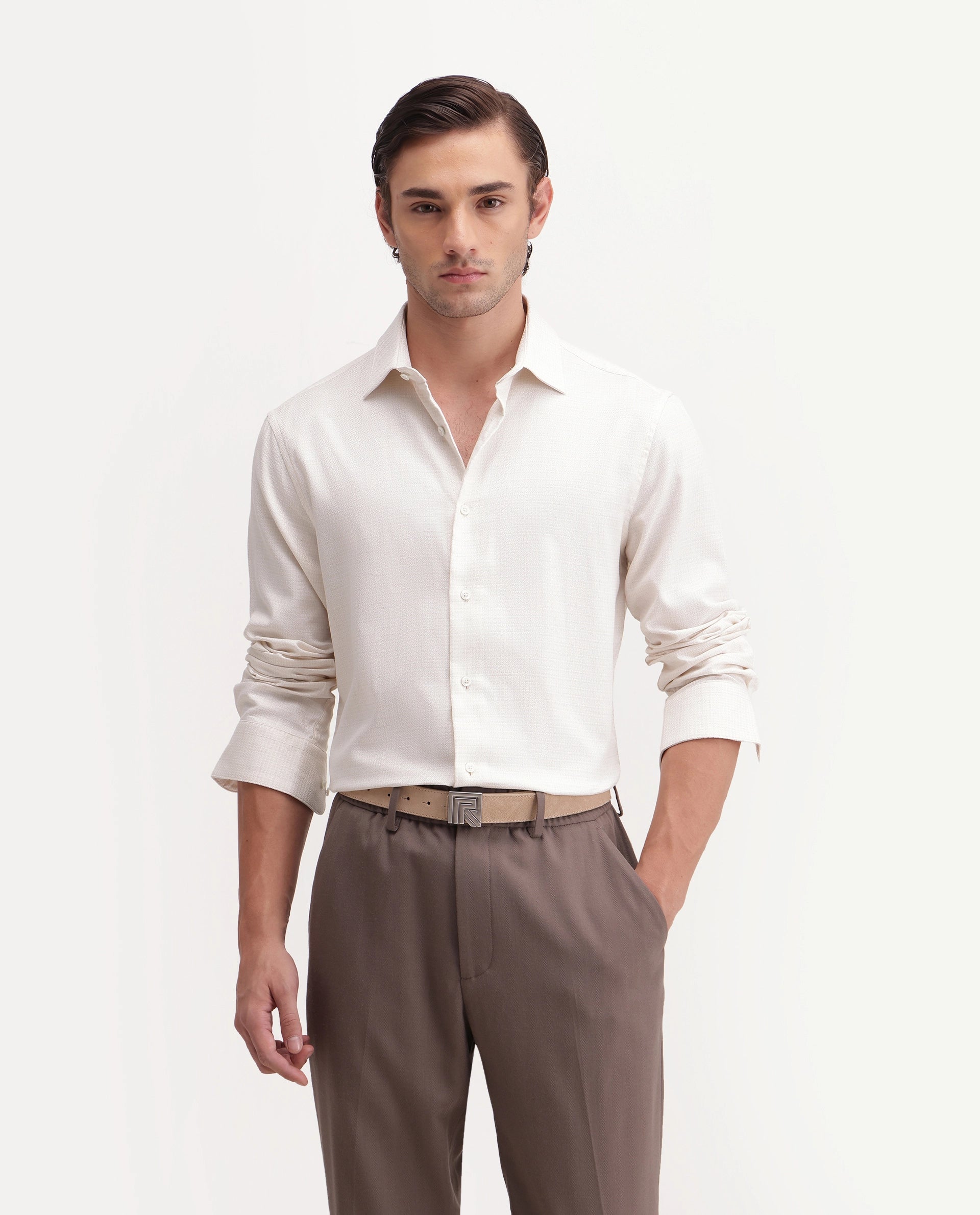 Rare Rabbit Men's Aran Beige Cotton Spread Collar Regular Fit Jacquard Shirt