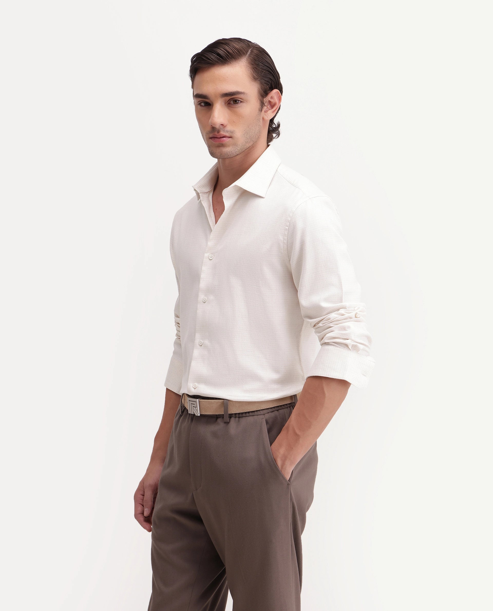 Rare Rabbit Men's Aran Beige Cotton Spread Collar Regular Fit Jacquard Shirt