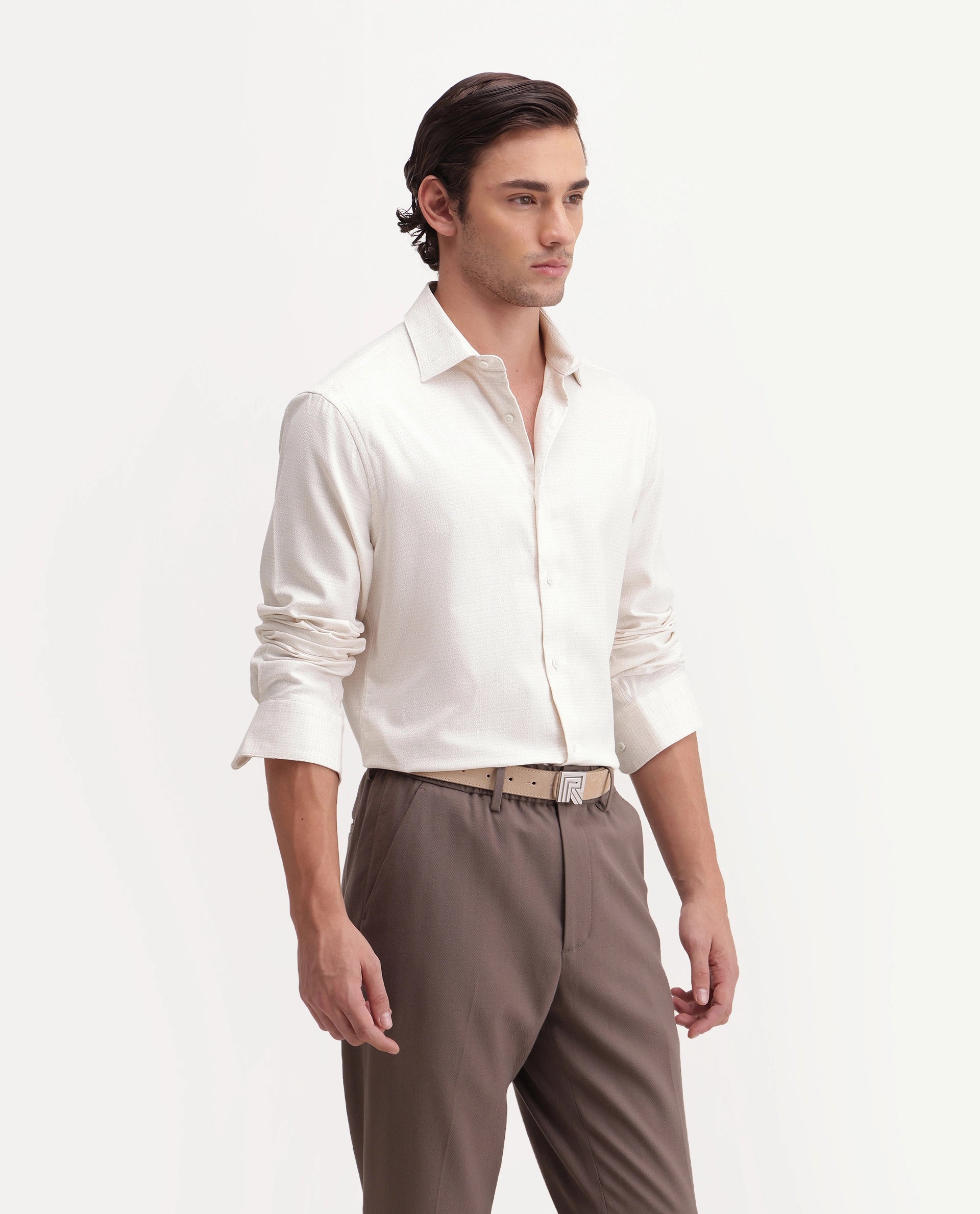 Rare Rabbit Men's Aran Beige Cotton Spread Collar Regular Fit Jacquard Shirt