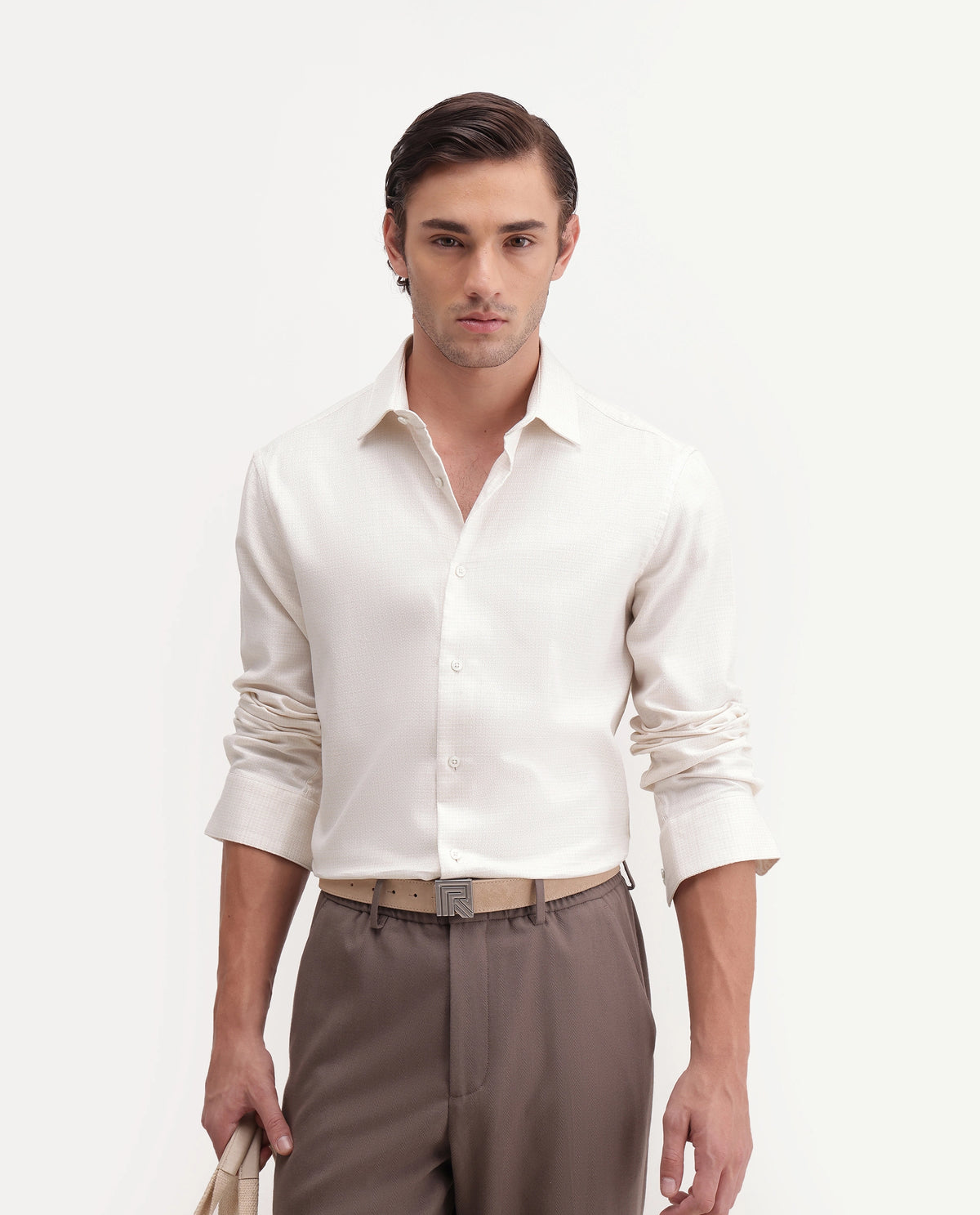 Rare Rabbit Men's Aran Beige Cotton Spread Collar Regular Fit Jacquard Shirt