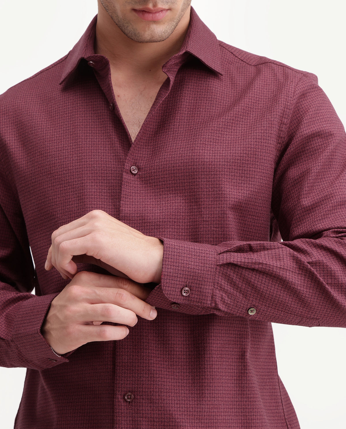 Rare Rabbit Men's Aran Red Cotton Spread Collar Regular Fit Jacquard Shirt