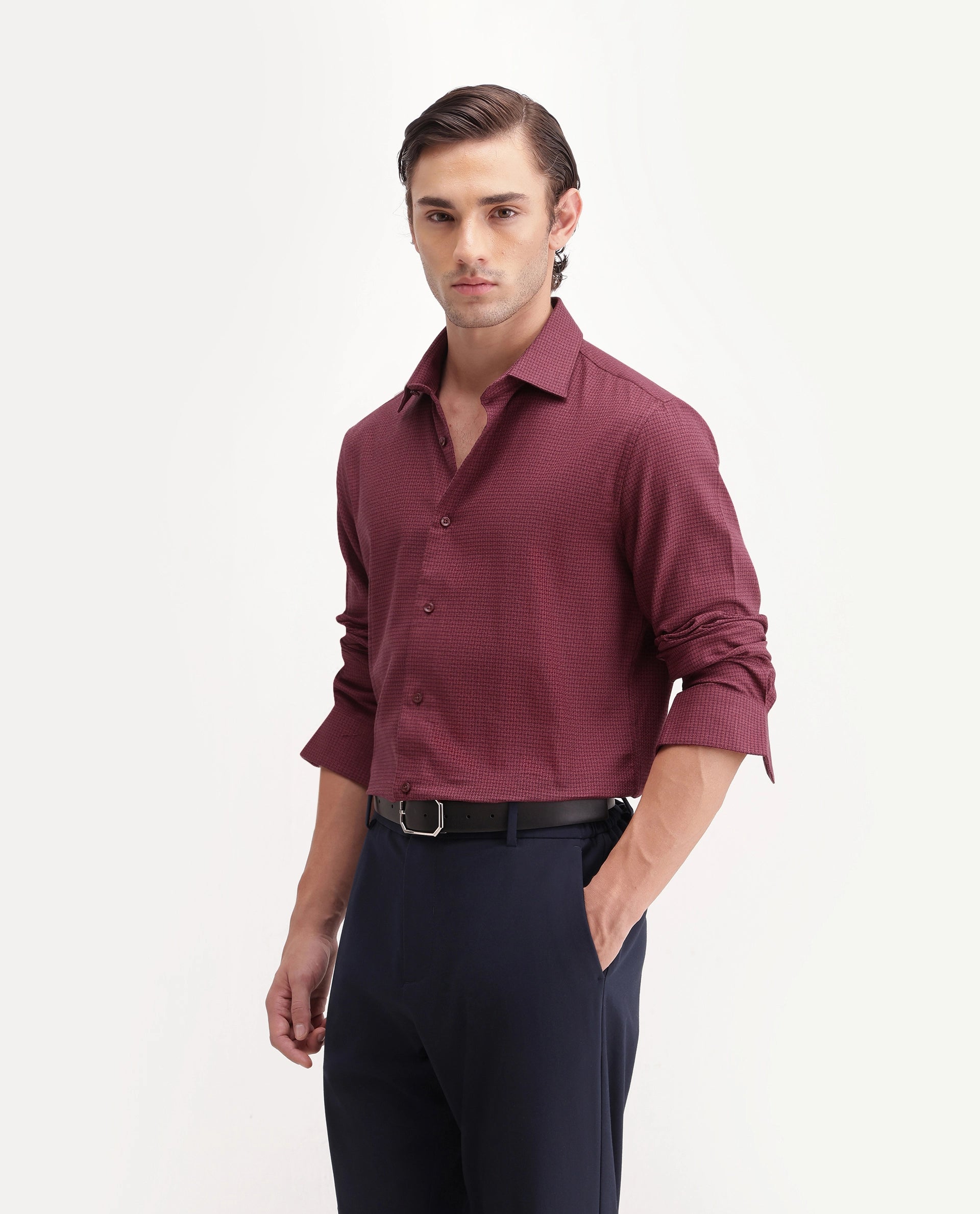 Rare Rabbit Men's Aran Red Cotton Spread Collar Regular Fit Jacquard Shirt