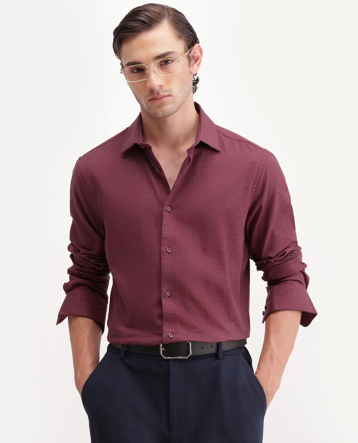 Rare Rabbit Men's Aran Red Cotton Spread Collar Regular Fit Jacquard Shirt