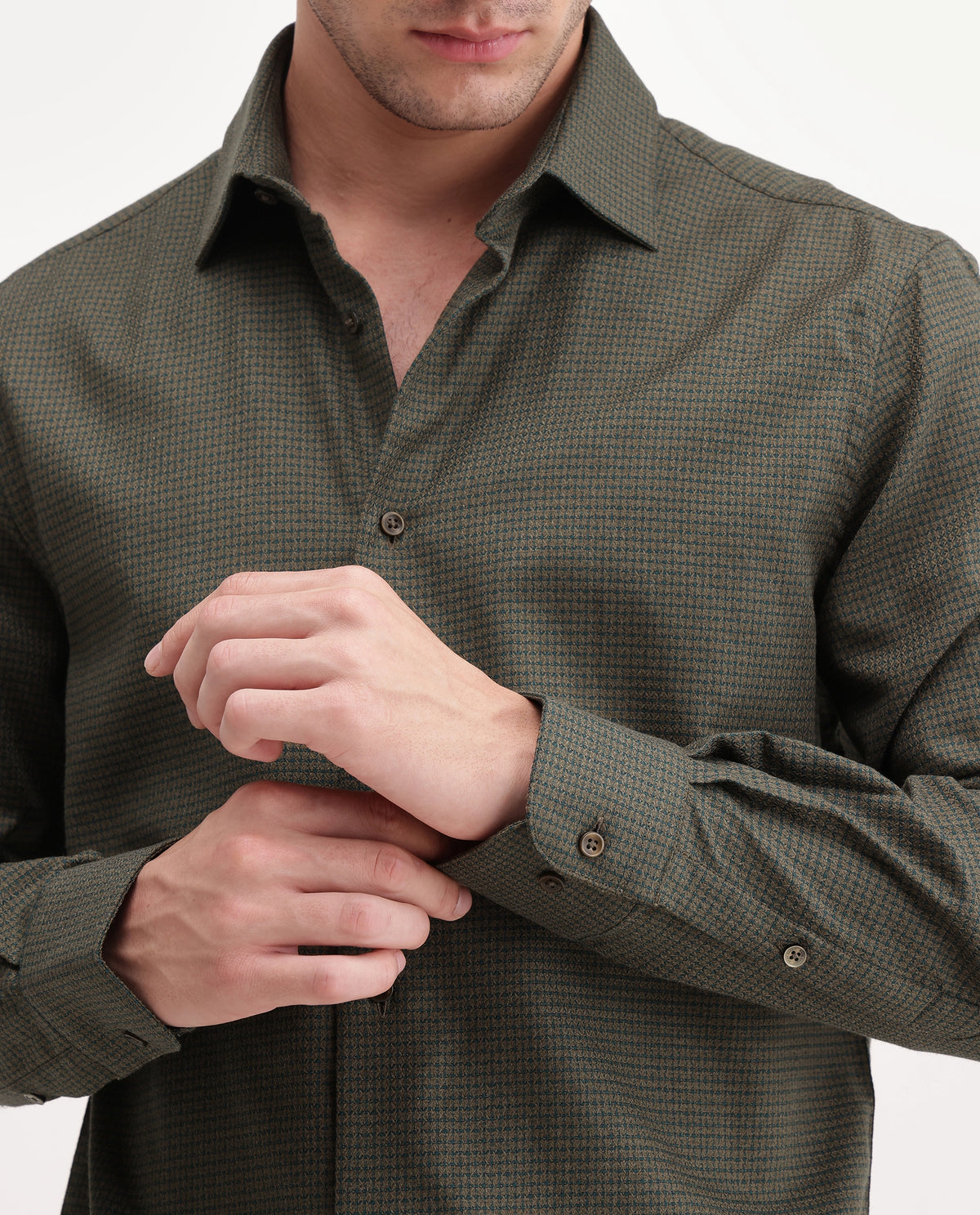 Rare Rabbit Men's Aran Green Cotton Spread Collar Regular Fit Jacquard Shirt