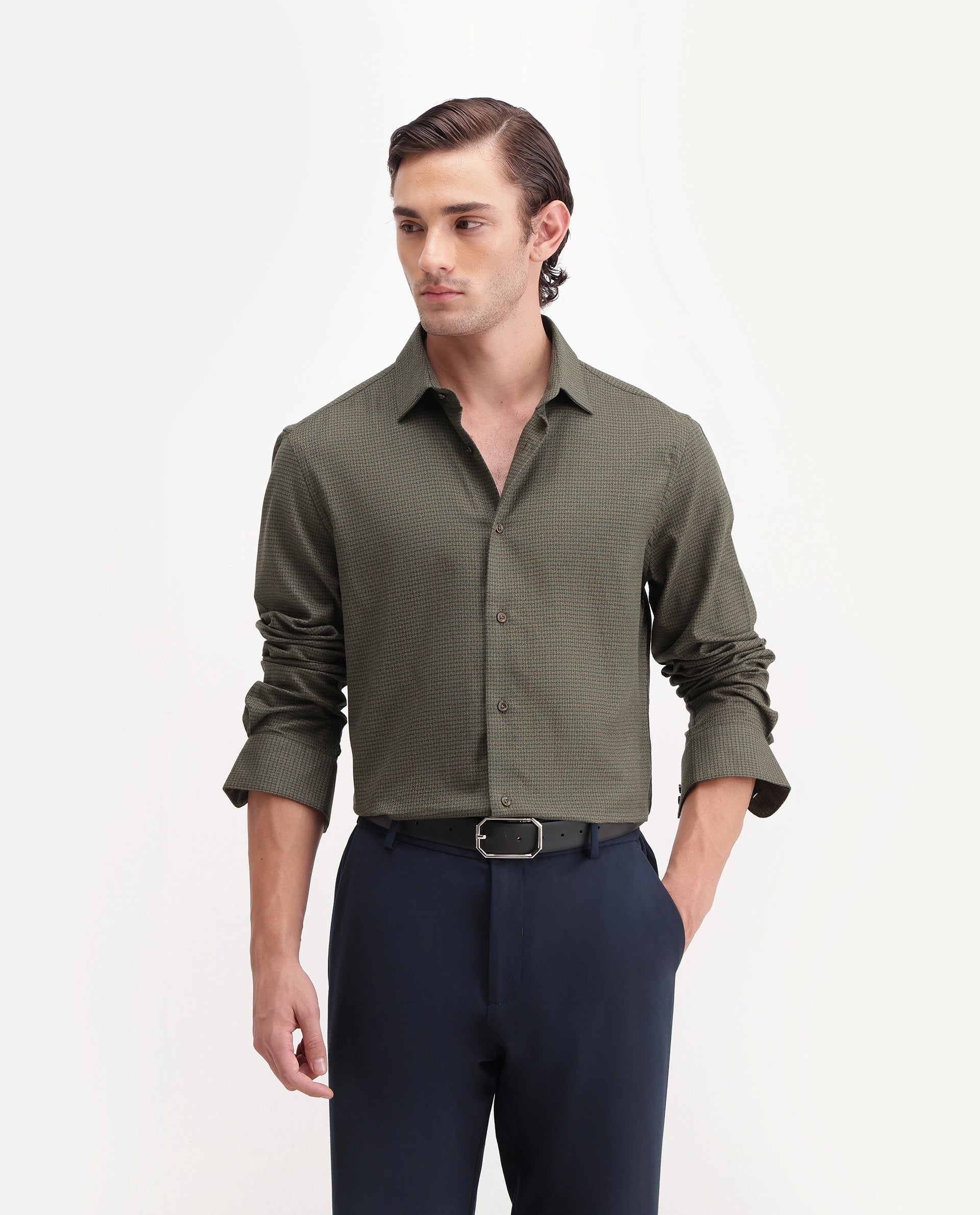 Rare Rabbit Men's Aran Green Cotton Spread Collar Regular Fit Jacquard Shirt