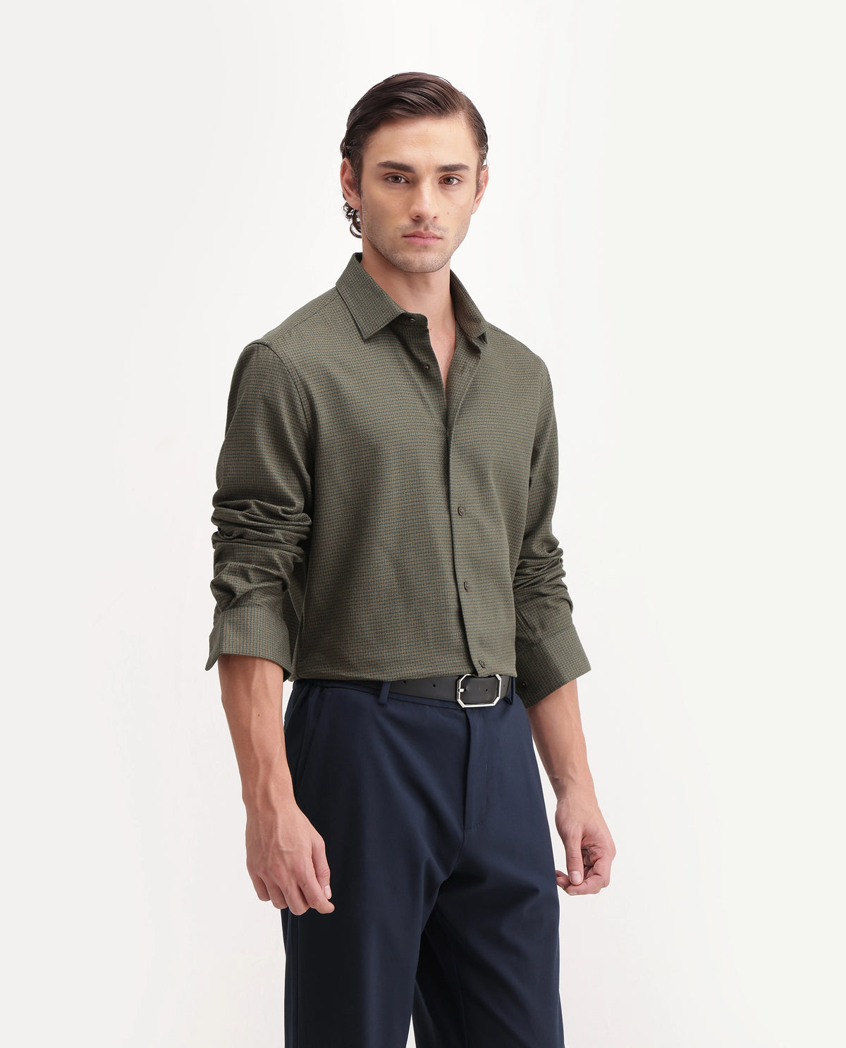 Rare Rabbit Men's Aran Green Cotton Spread Collar Regular Fit Jacquard Shirt
