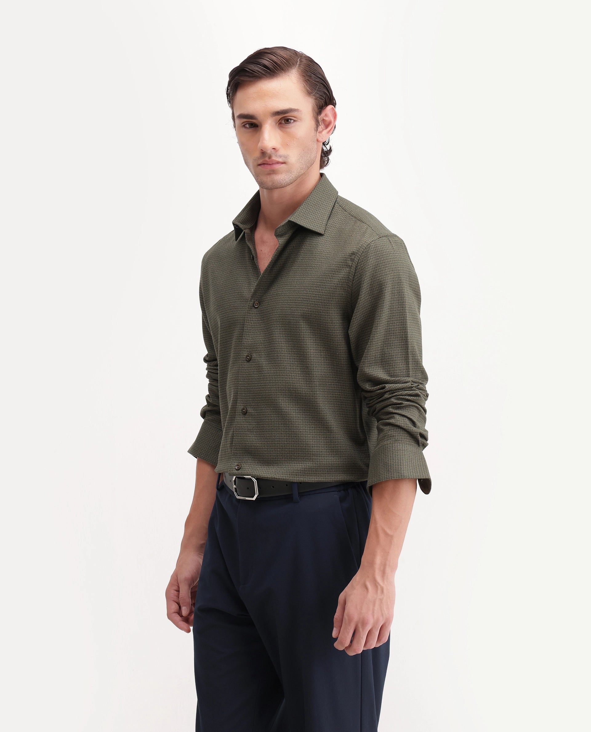 Rare Rabbit Men's Aran Green Cotton Spread Collar Regular Fit Jacquard Shirt