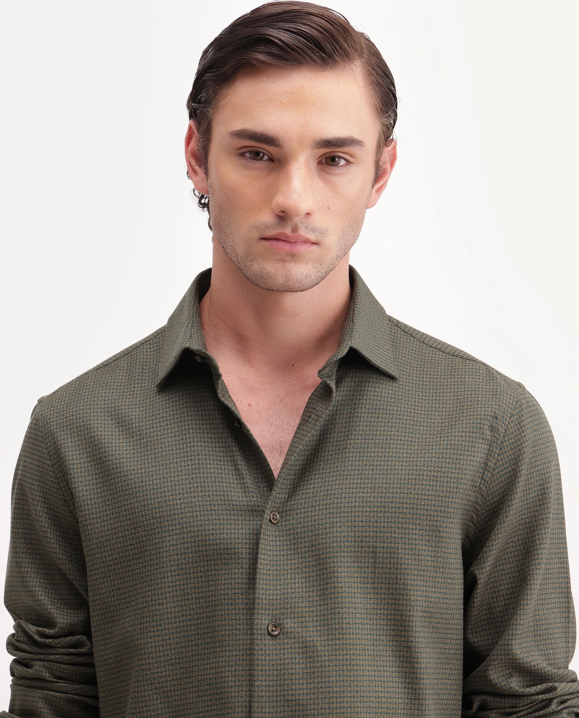 Rare Rabbit Men's Aran Green Cotton Spread Collar Regular Fit Jacquard Shirt