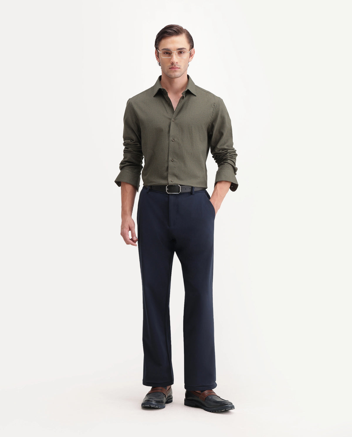 Rare Rabbit Men's Aran Green Cotton Spread Collar Regular Fit Jacquard Shirt