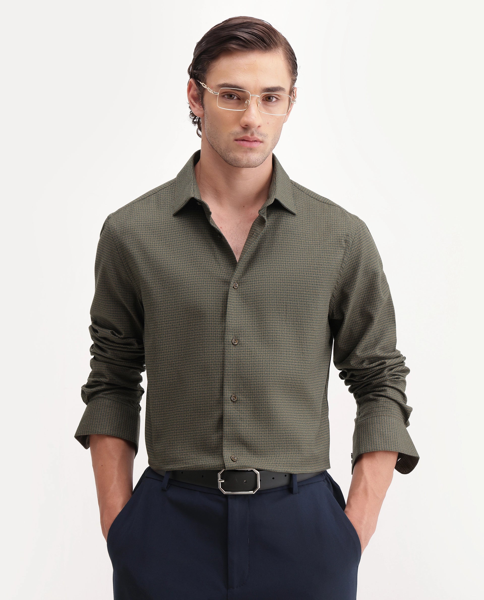 Rare Rabbit Men's Aran Green Cotton Spread Collar Regular Fit Jacquard Shirt