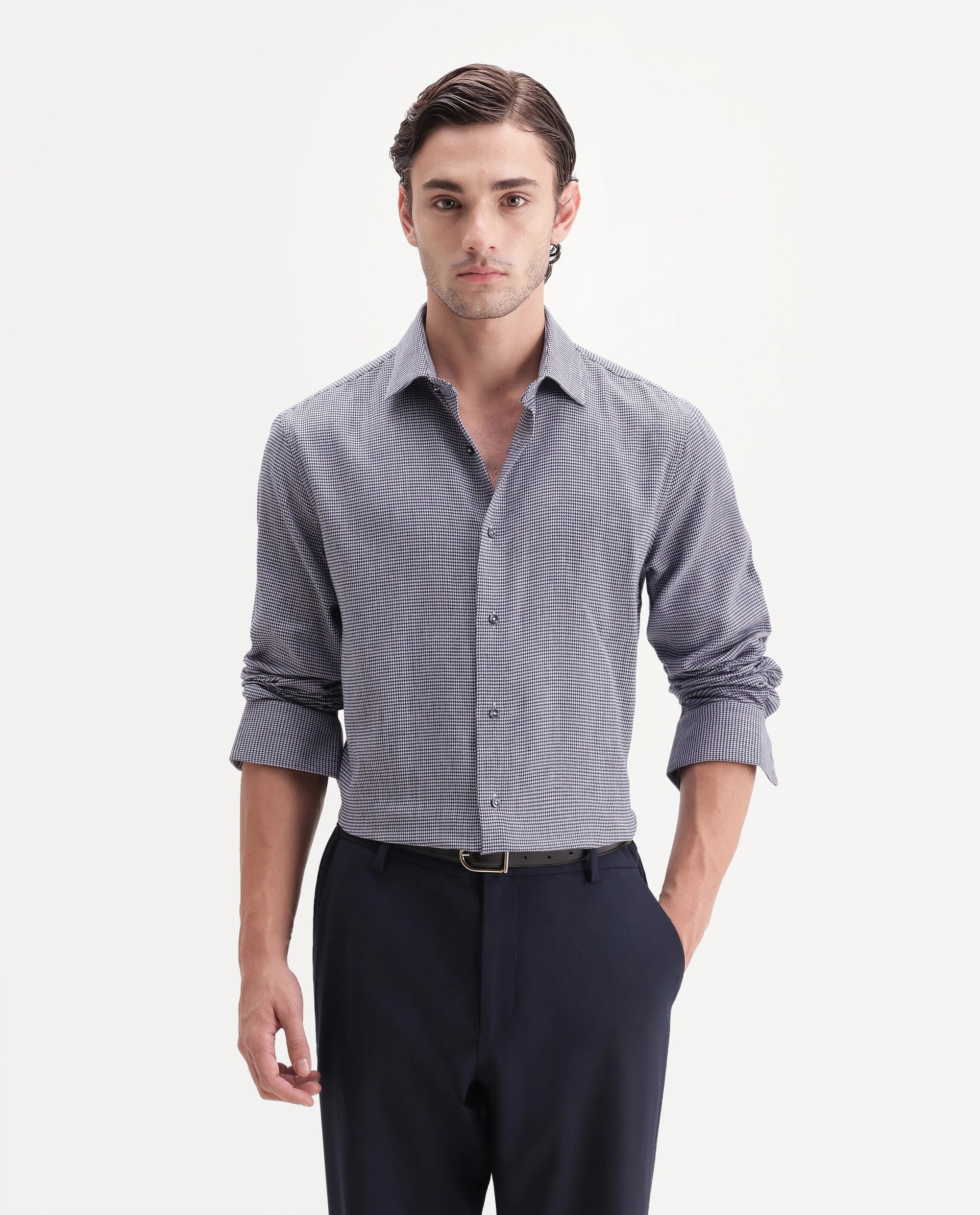 Rare Rabbit Men's Diff Blue Cotton Spread Collar Regular Fit Checked Shirt
