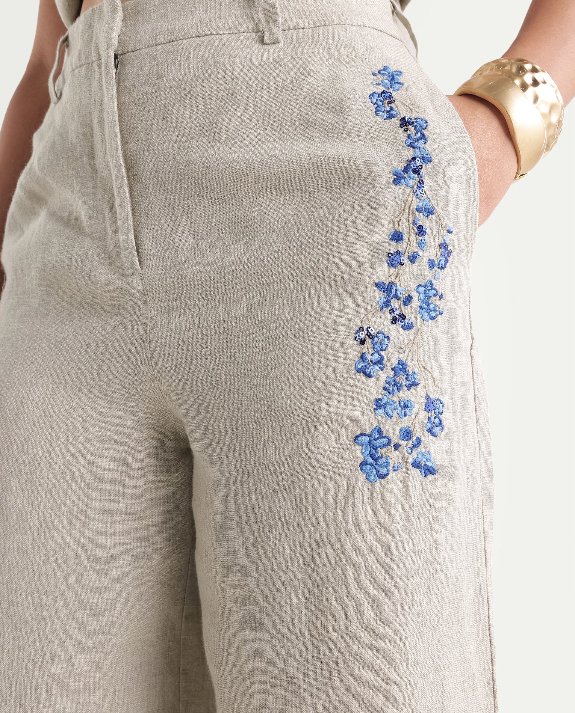 Rareism Women's Rubin-B Dusky Beige 100% Linen Button And Zip Wide Leg Plain Trouser