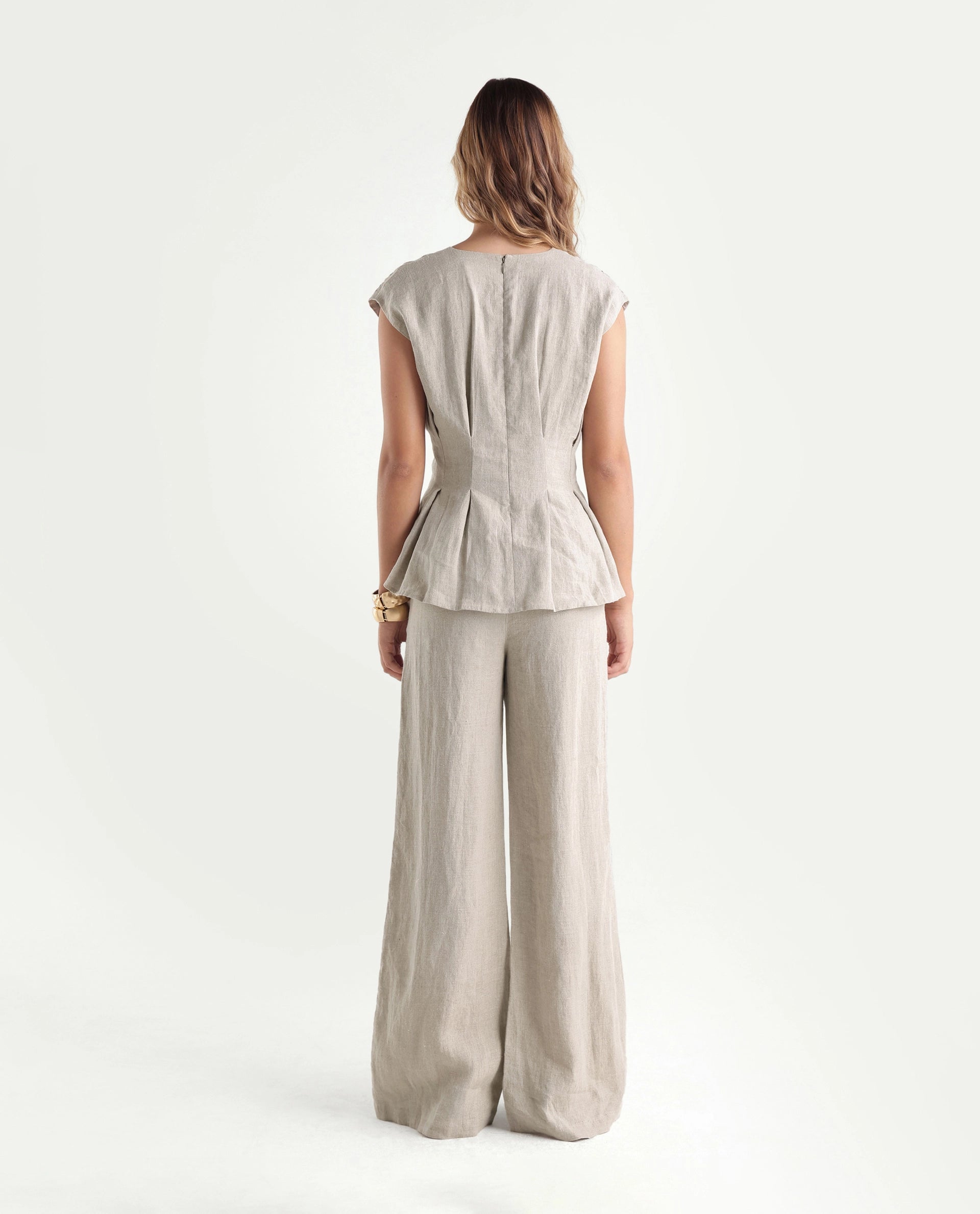 Rareism Women's Rubin-B Dusky Beige 100% Linen Button And Zip Wide Leg Plain Trouser