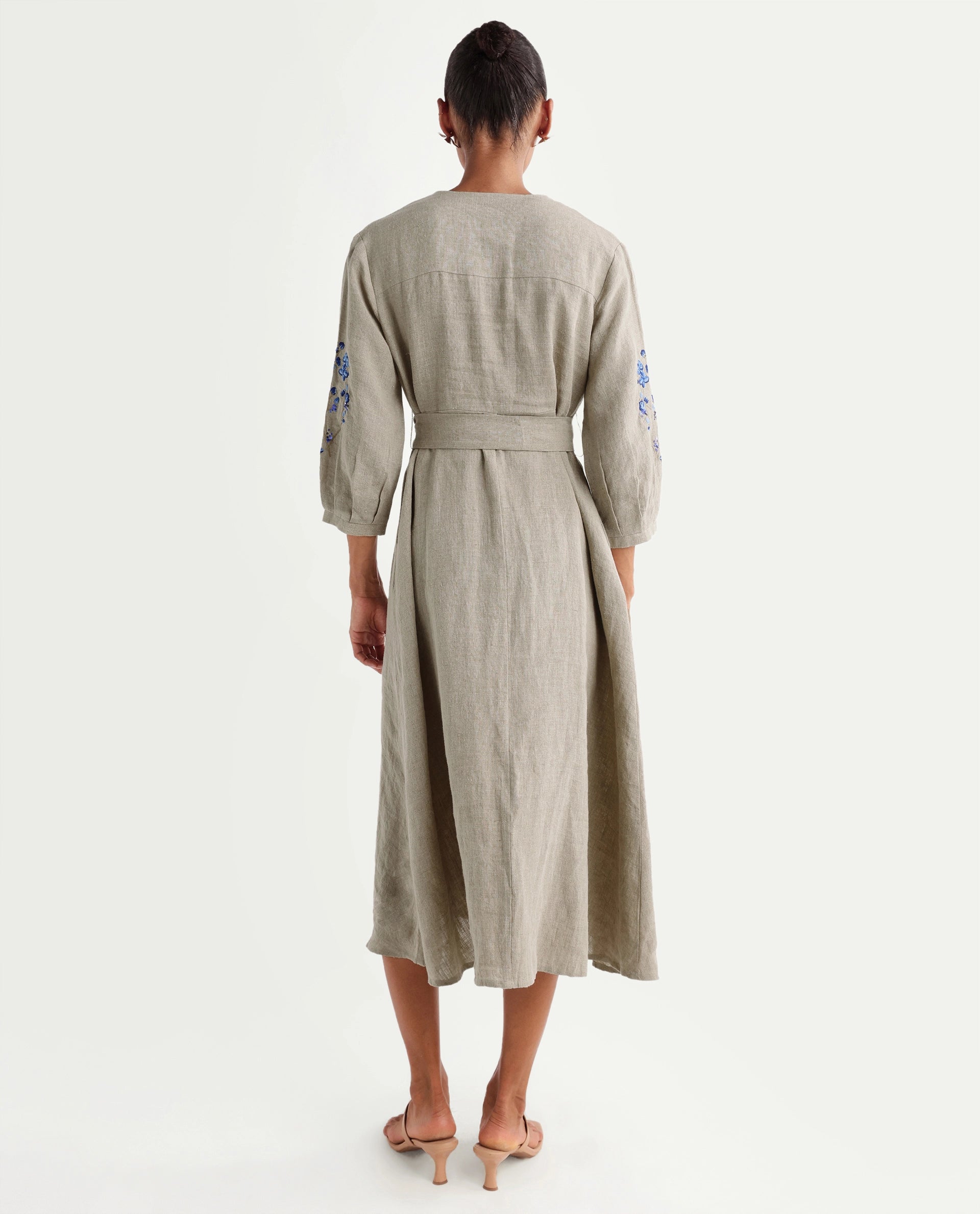 Rareism Women's Rubinot Dusky Beige 100% Linen Crew Neck Button A-Line Plain Dress