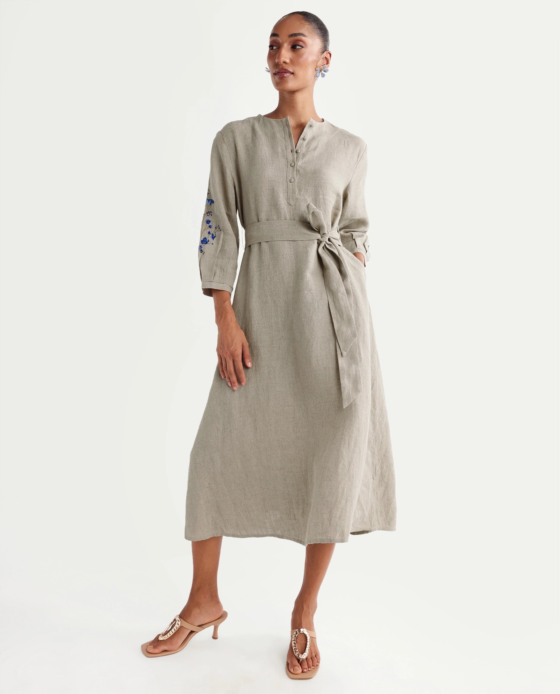 Rareism Women's Rubinot Dusky Beige 100% Linen Crew Neck Button A-Line Plain Dress