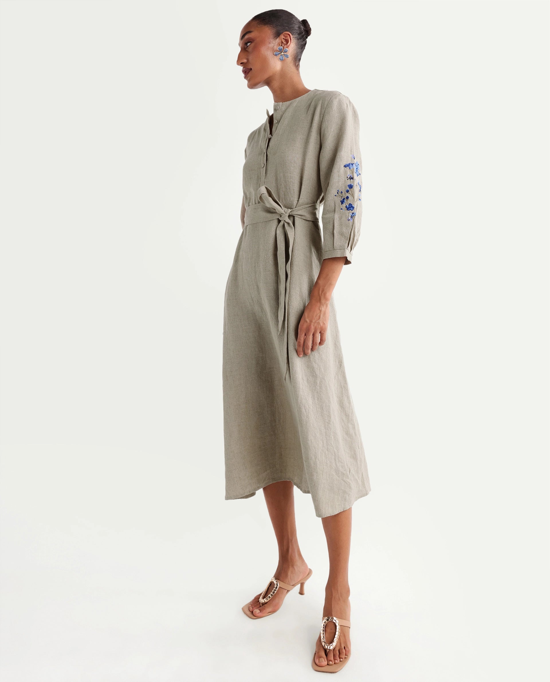Rareism Women's Rubinot Dusky Beige 100% Linen Crew Neck Button A-Line Plain Dress