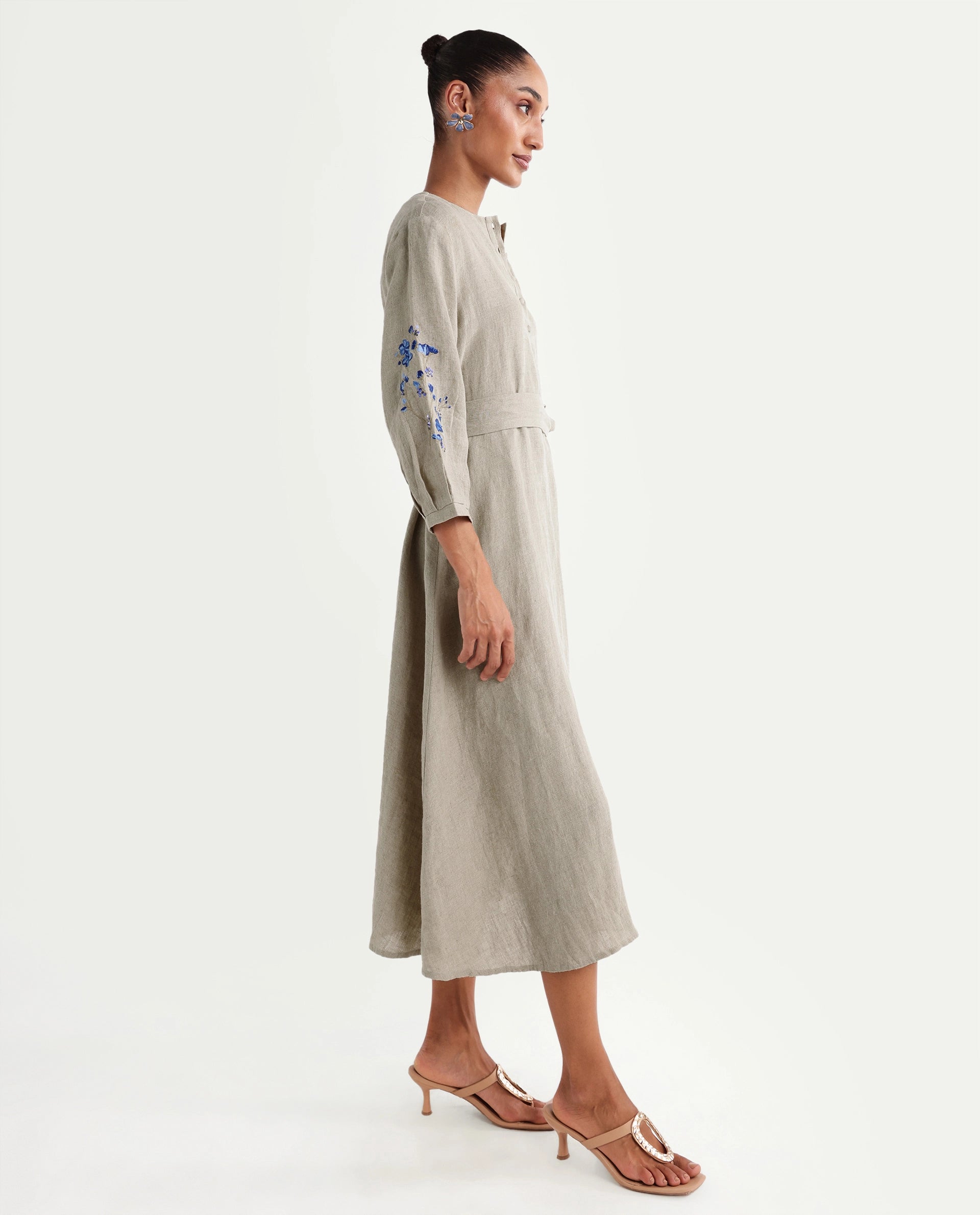 Rareism Women's Rubinot Dusky Beige 100% Linen Crew Neck Button A-Line Plain Dress