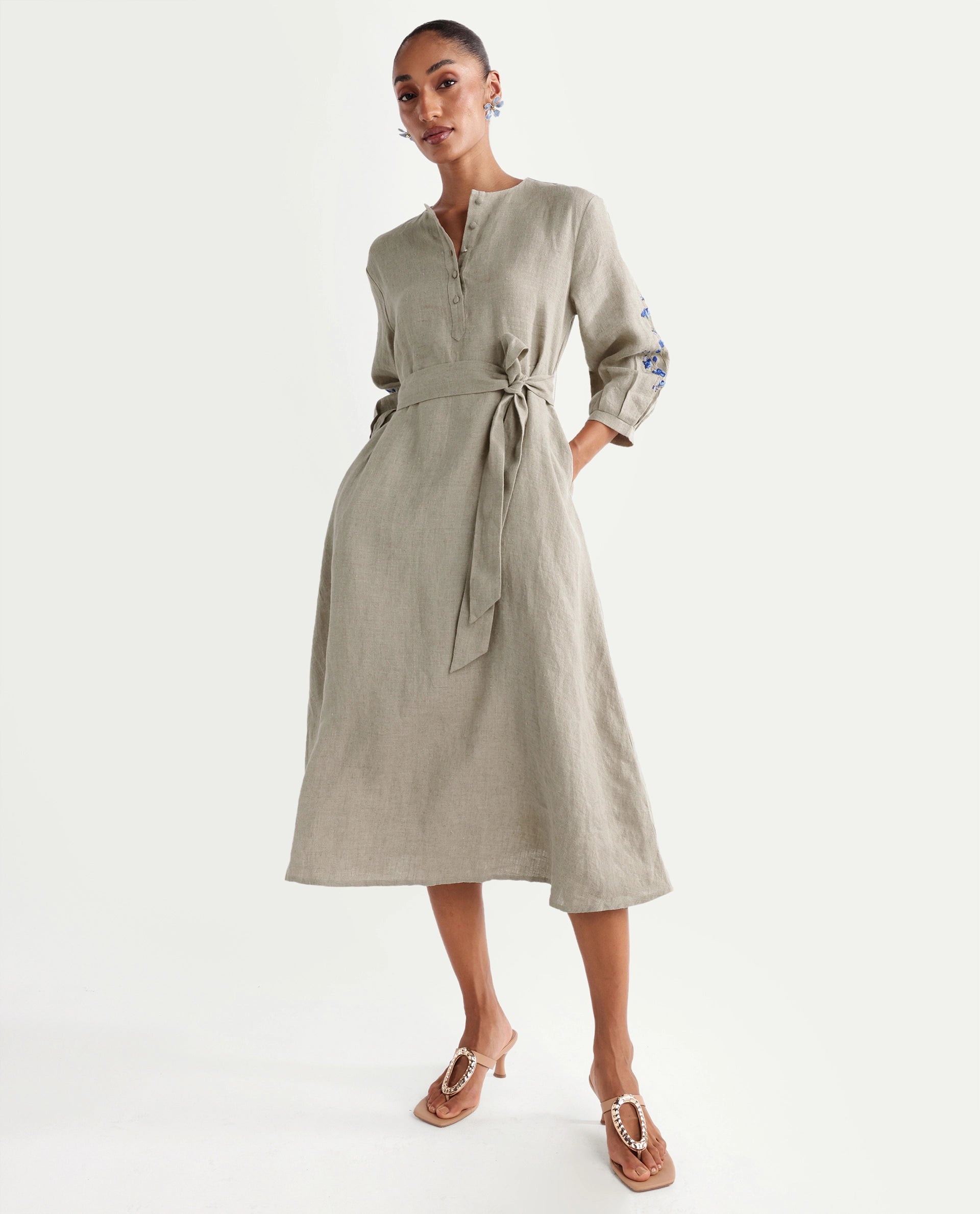 Rareism Women's Rubinot Dusky Beige 100% Linen Crew Neck Button A-Line Plain Dress