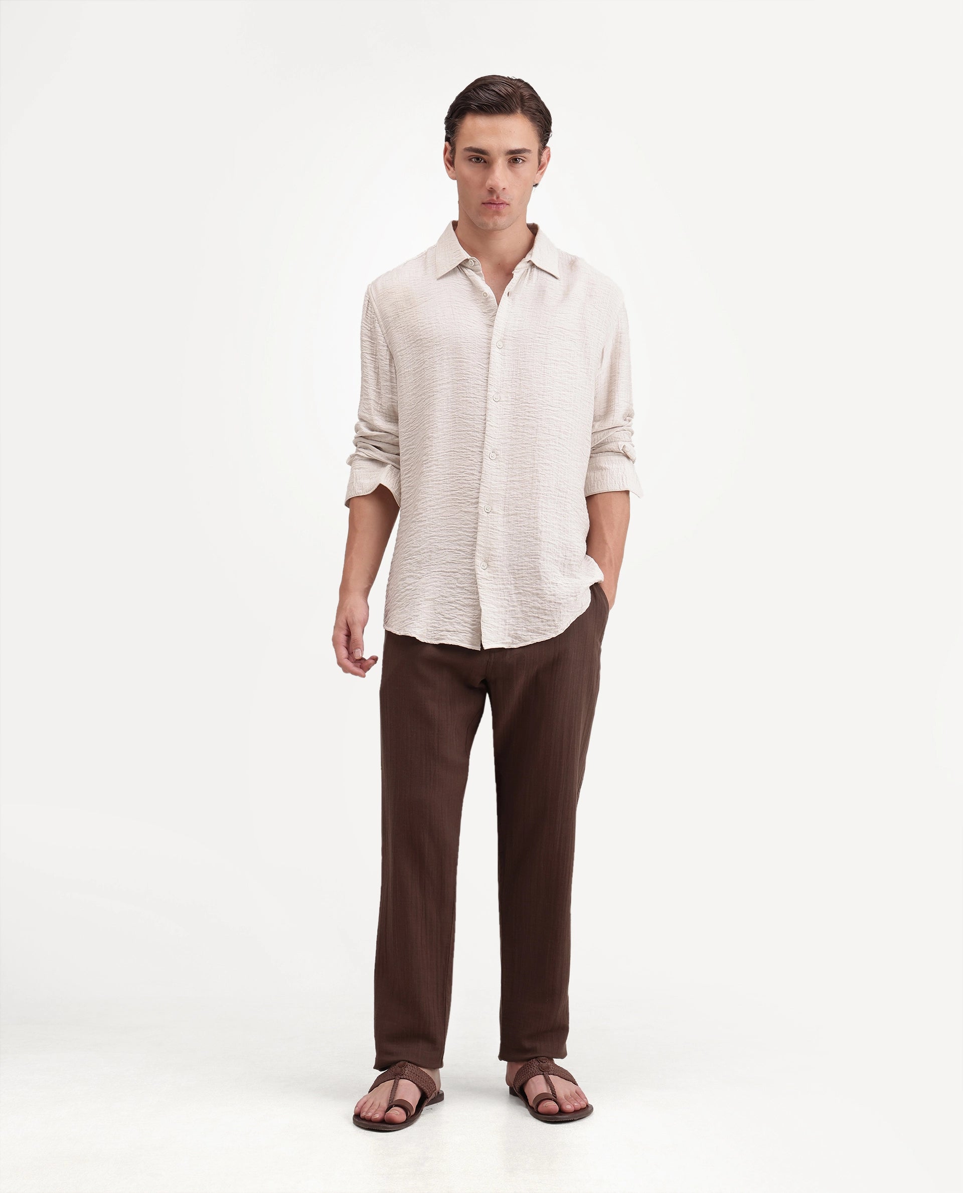 Rare Rabbit Men's Pastor-Aw26 Primary Brown Cotton Button And Zip Regular Plain Trouser