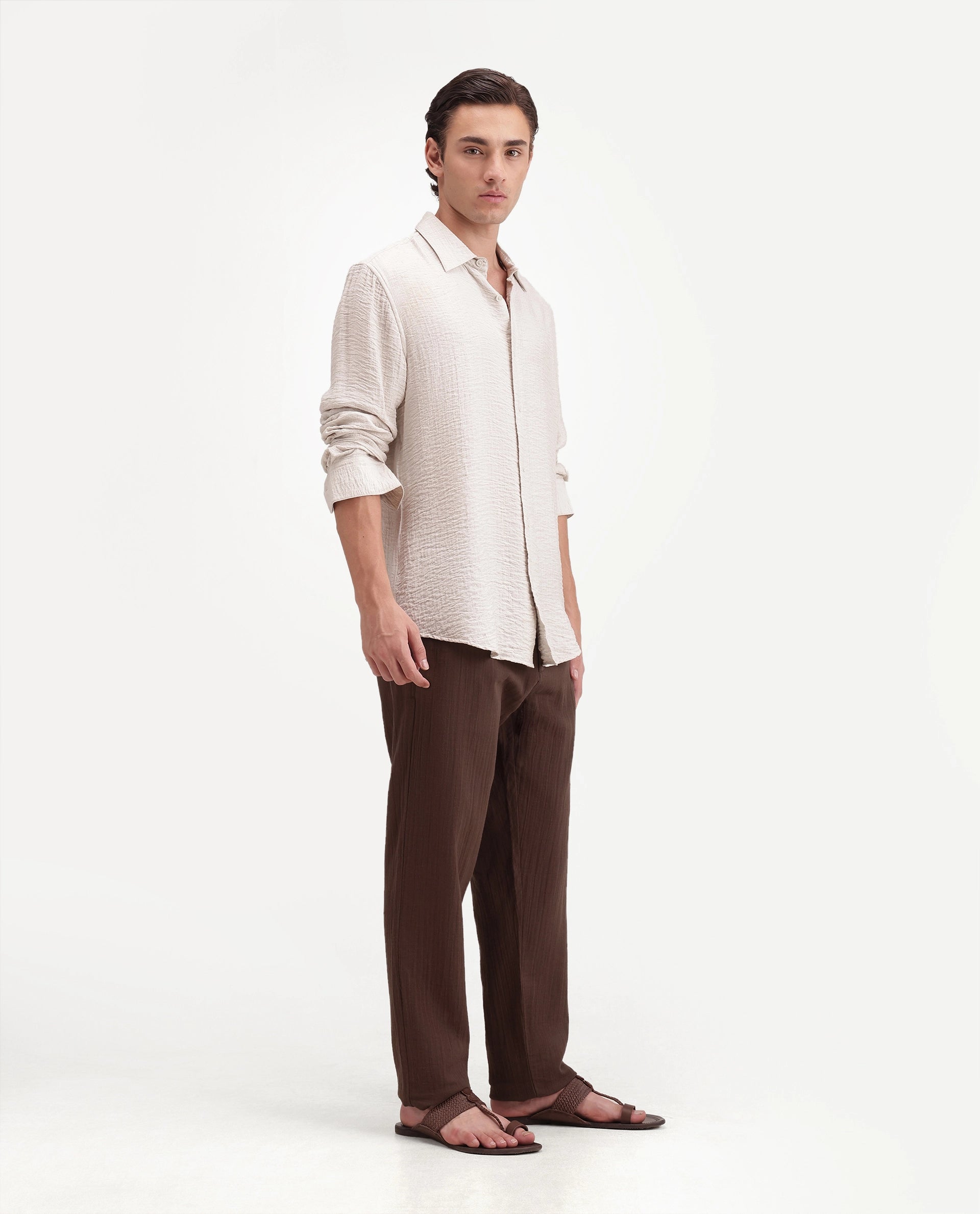 Rare Rabbit Men's Pastor-Aw26 Primary Brown Cotton Button And Zip Regular Plain Trouser
