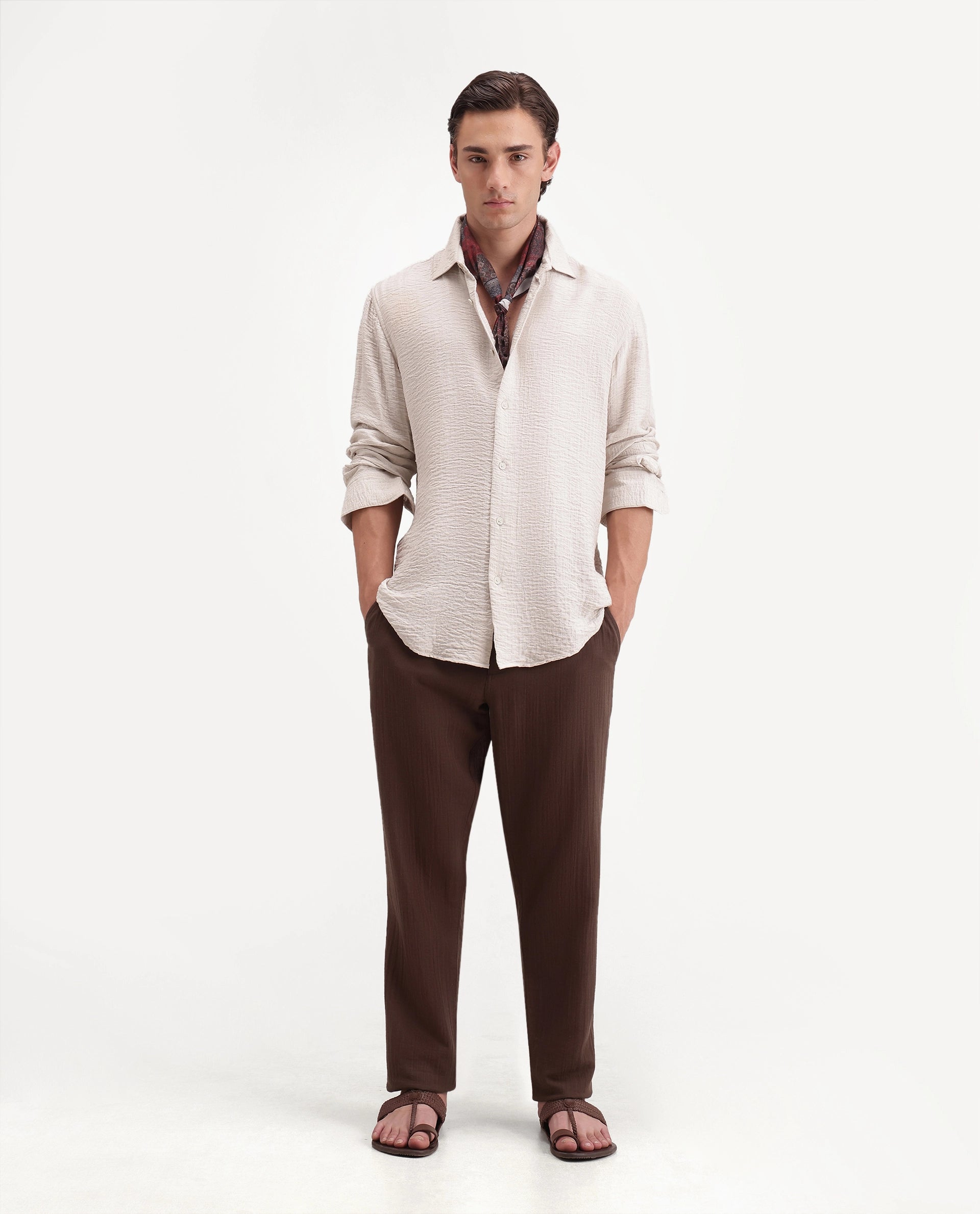 Rare Rabbit Men's Pastor-Aw26 Primary Brown Cotton Button And Zip Regular Plain Trouser