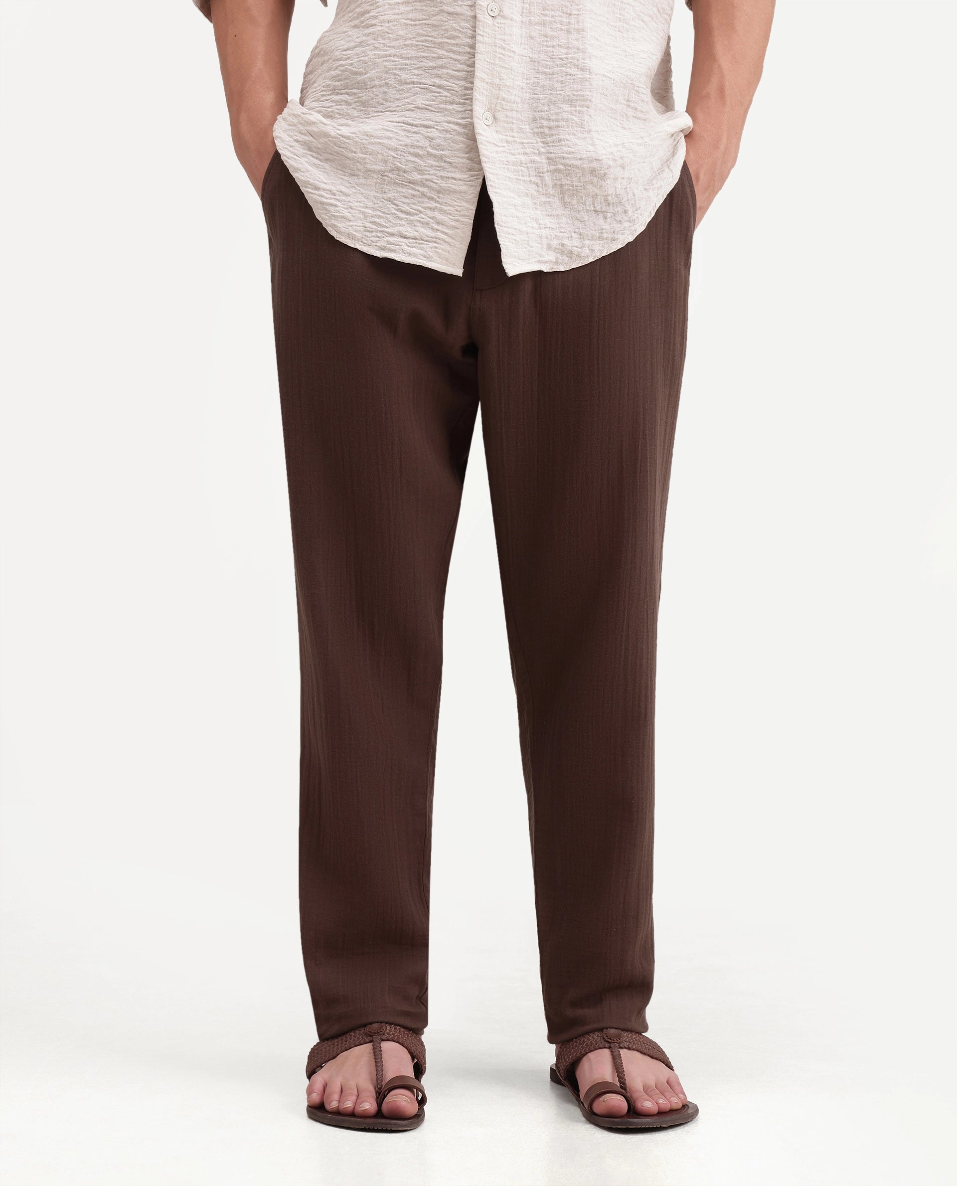 Rare Rabbit Men's Pastor-Aw26 Primary Brown Cotton Button And Zip Regular Plain Trouser