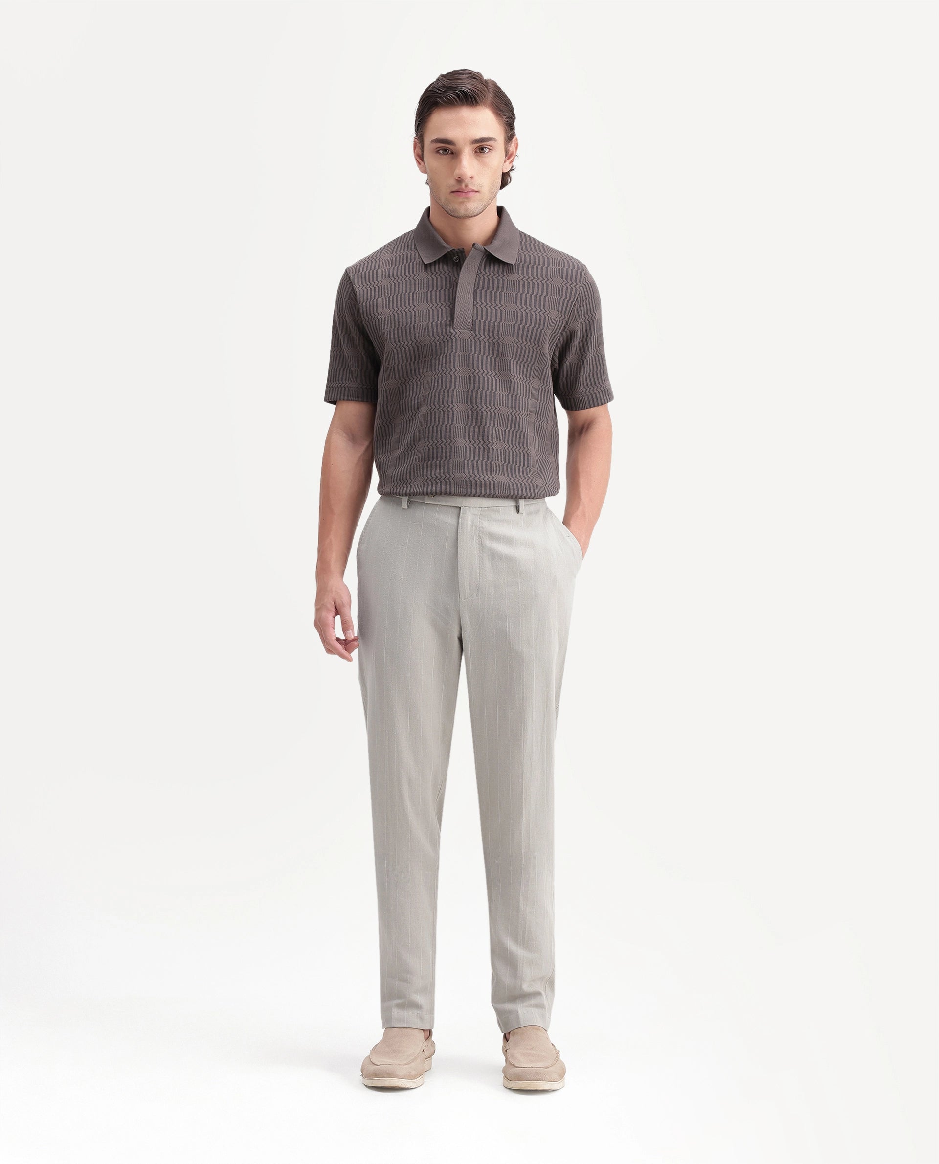 Rare Rabbit Men's Jlo-A26 Light Green Linen Blend Button And Zip Regular Striped Trouser