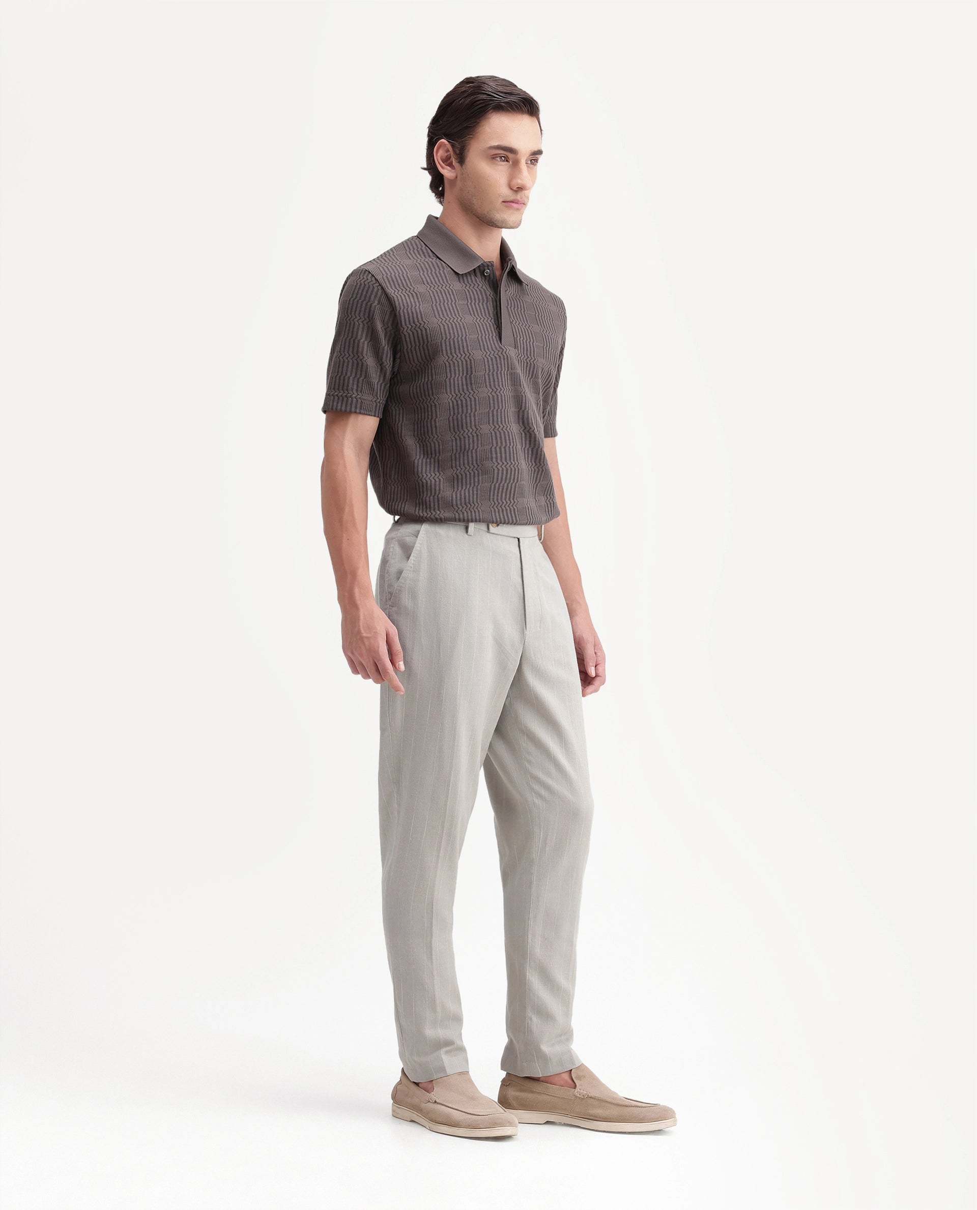 Rare Rabbit Men's Jlo-A26 Light Green Linen Blend Button And Zip Regular Striped Trouser