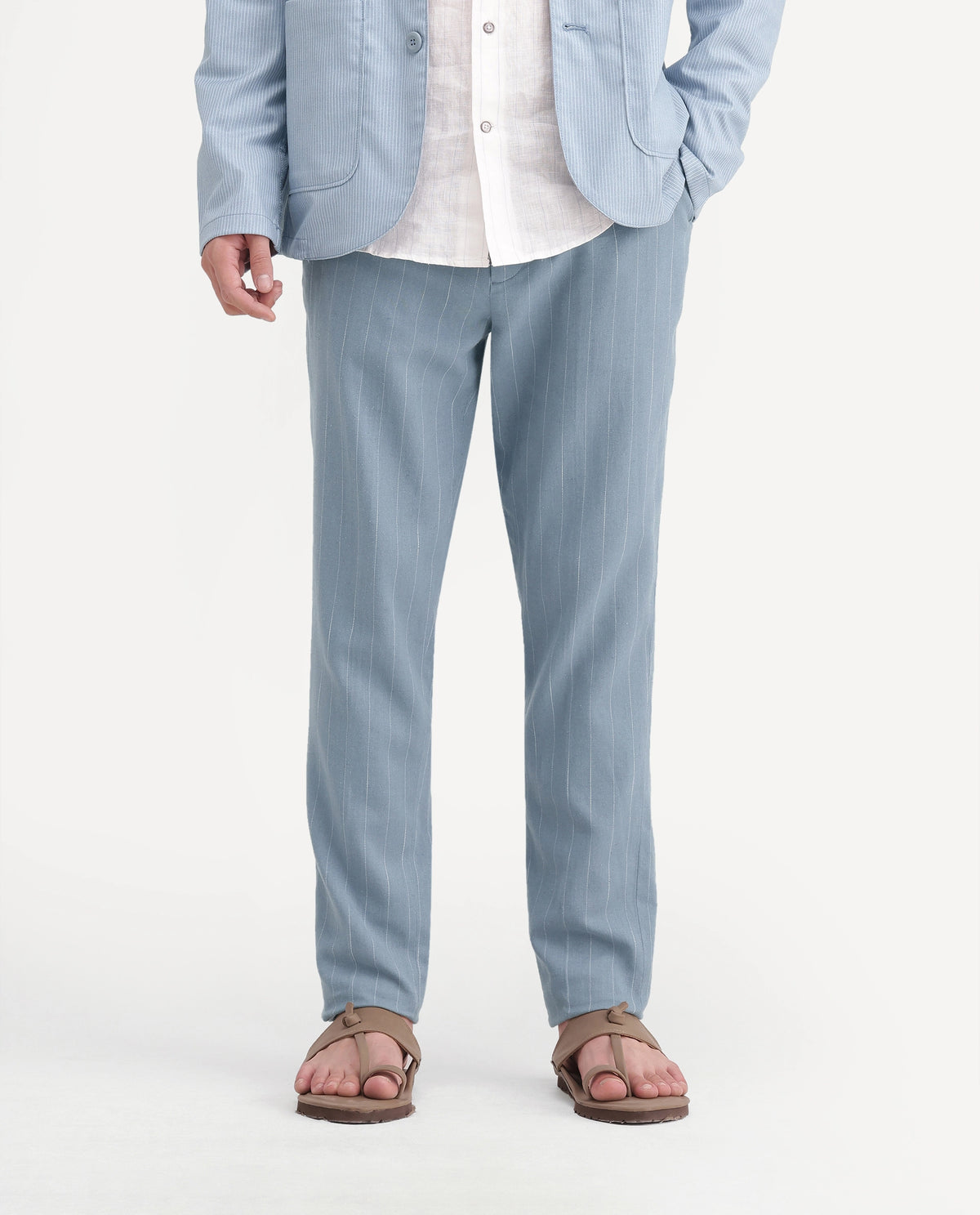 Rare Rabbit Men's Jlo-A26 Light Blue Linen Blend Button And Zip Regular Striped Trouser