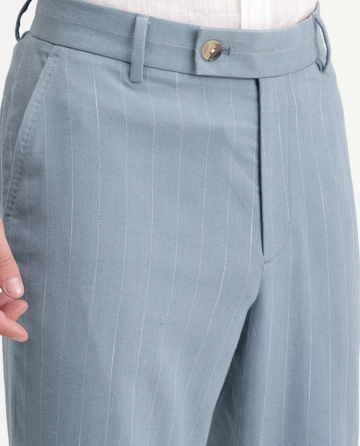 Rare Rabbit Men's Jlo-A26 Light Blue Linen Blend Button And Zip Regular Striped Trouser