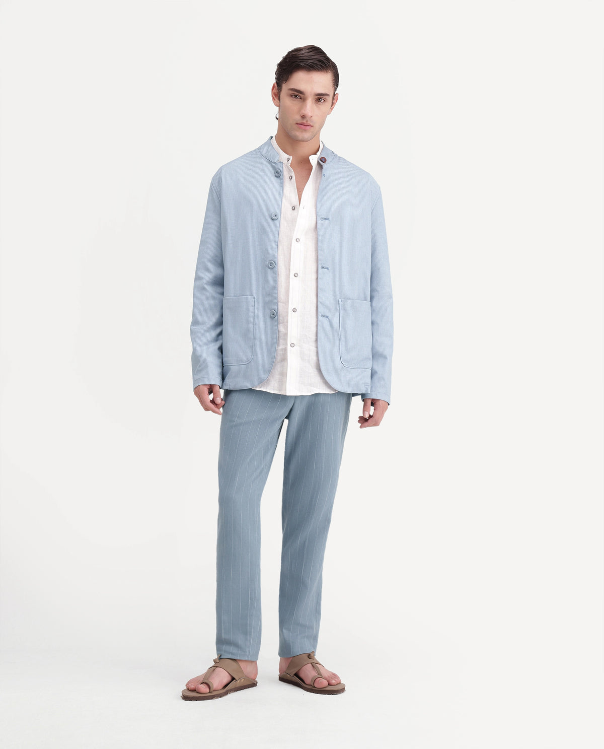 Rare Rabbit Men's Jlo-A26 Light Blue Linen Blend Button And Zip Regular Striped Trouser