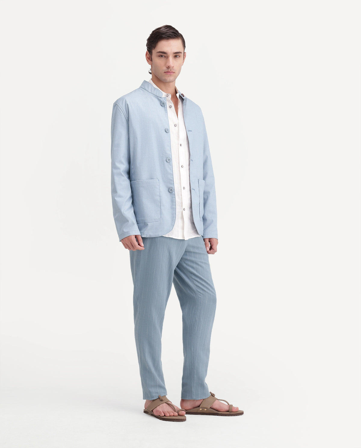 Rare Rabbit Men's Jlo-A26 Light Blue Linen Blend Button And Zip Regular Striped Trouser
