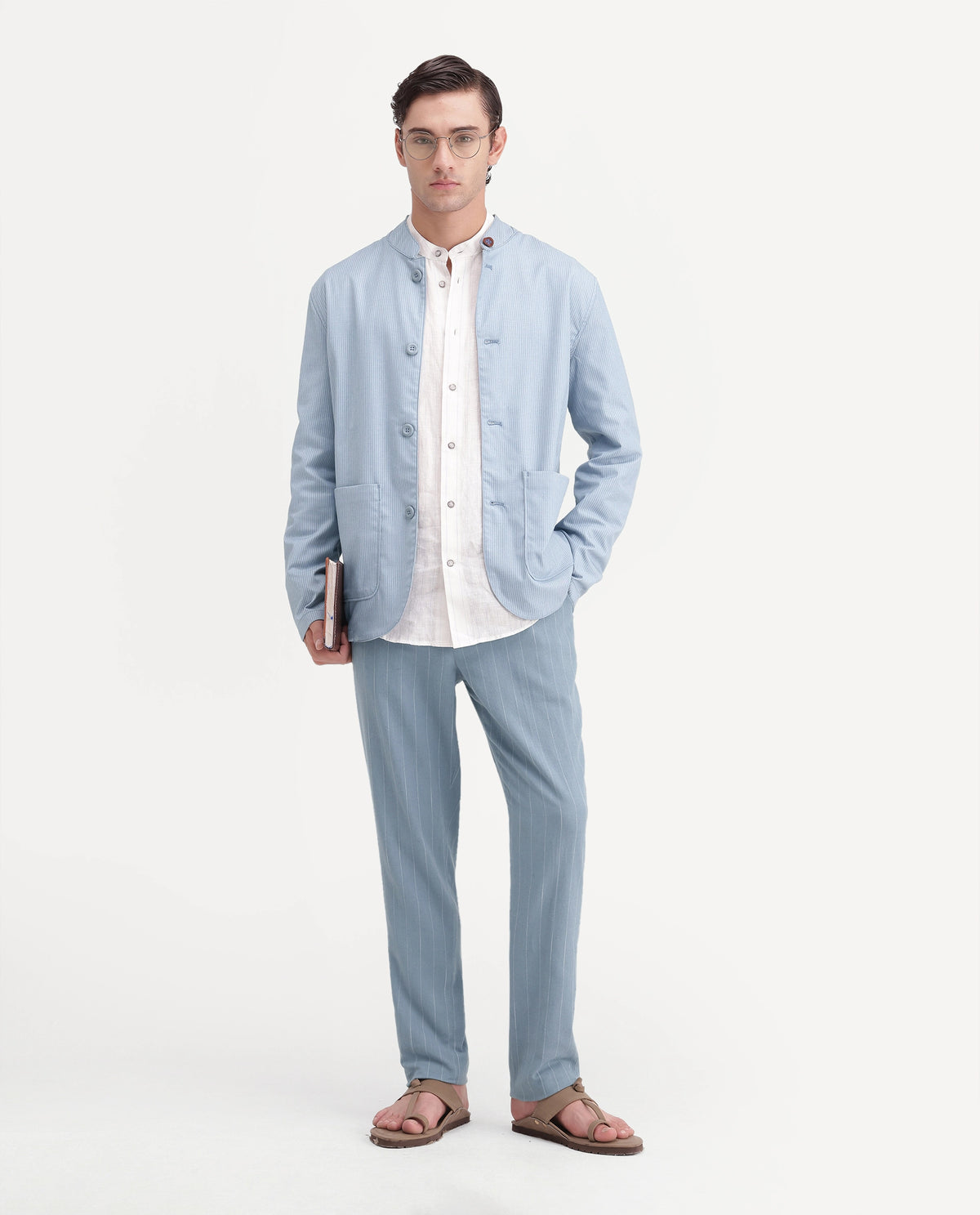 Rare Rabbit Men's Jlo-A26 Light Blue Linen Blend Button And Zip Regular Striped Trouser