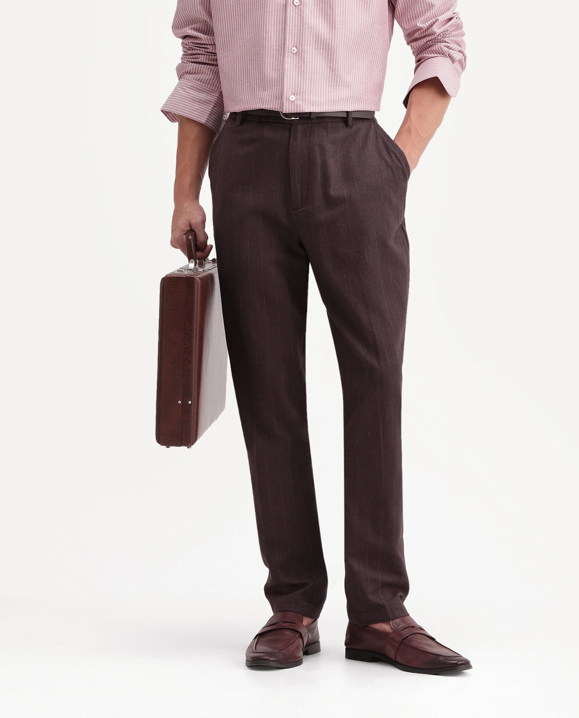 Rare Rabbit Men's Jlo-A26 Dusky Brown Linen Blend Button And Zip Regular Striped Trouser