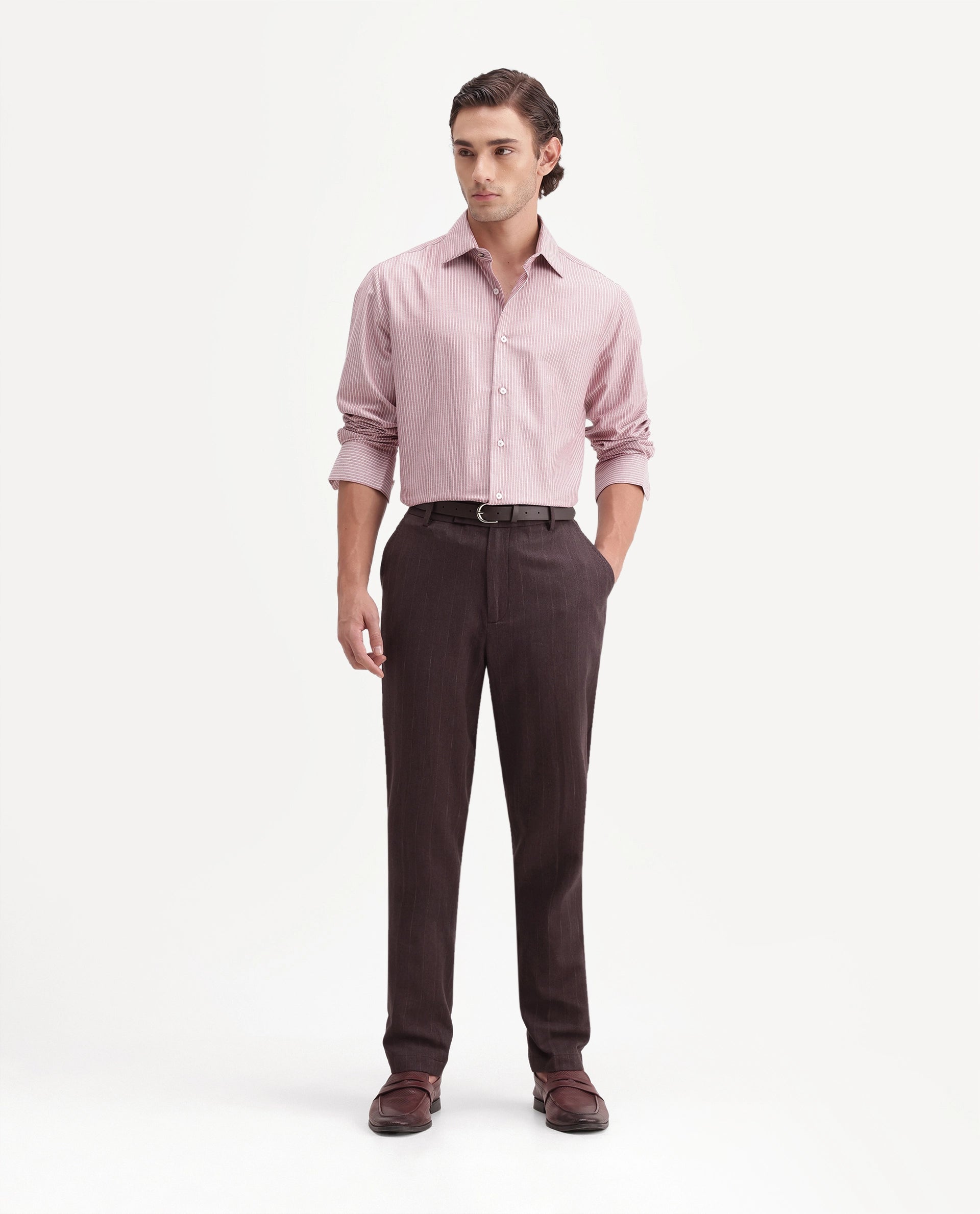 Rare Rabbit Men's Jlo-A26 Dusky Brown Linen Blend Button And Zip Regular Striped Trouser