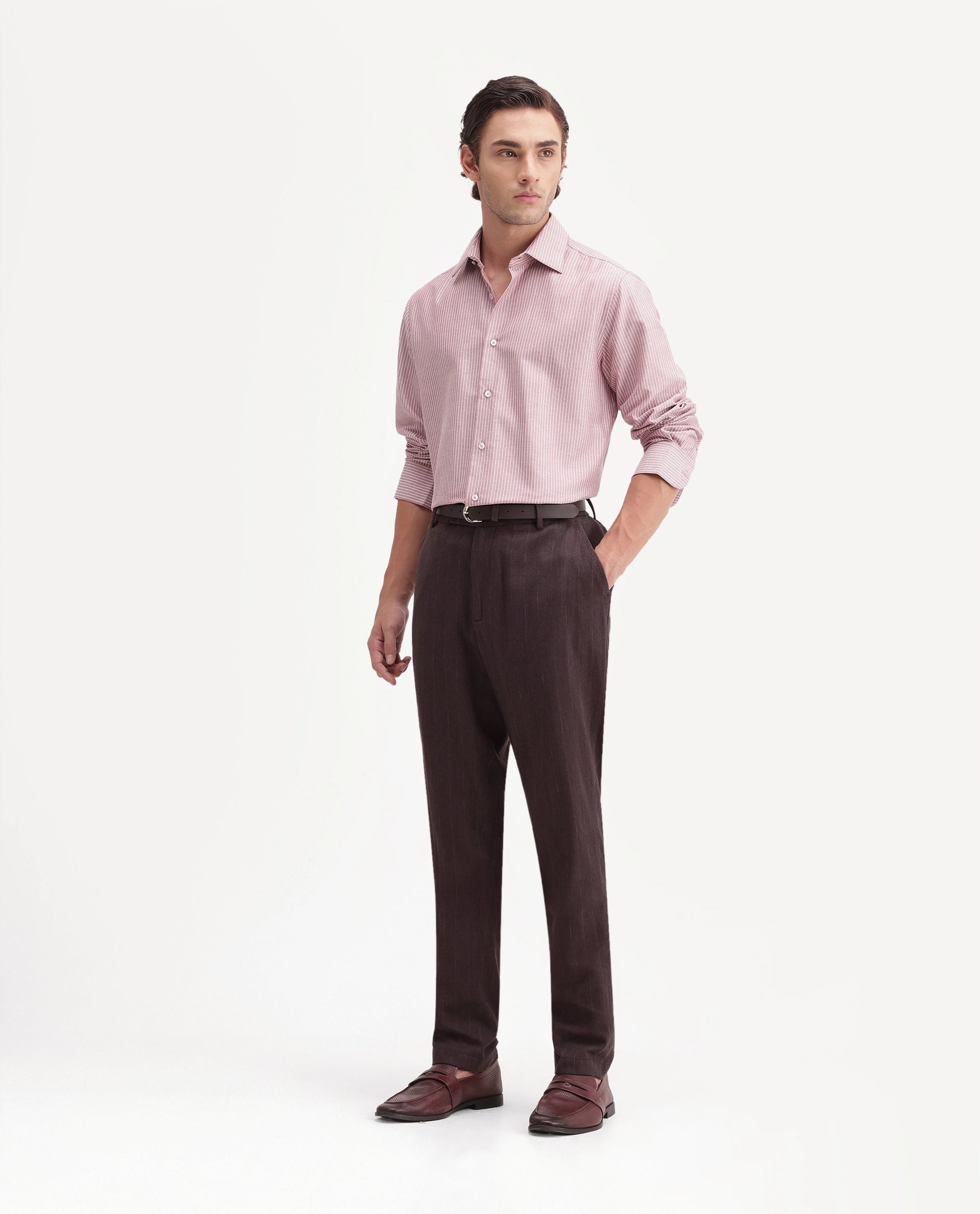 Rare Rabbit Men's Jlo-A26 Dusky Brown Linen Blend Button And Zip Regular Striped Trouser