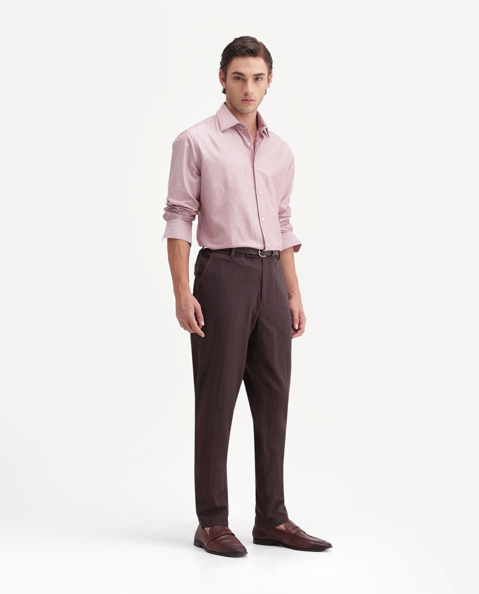 Rare Rabbit Men's Jlo-A26 Dusky Brown Linen Blend Button And Zip Regular Striped Trouser