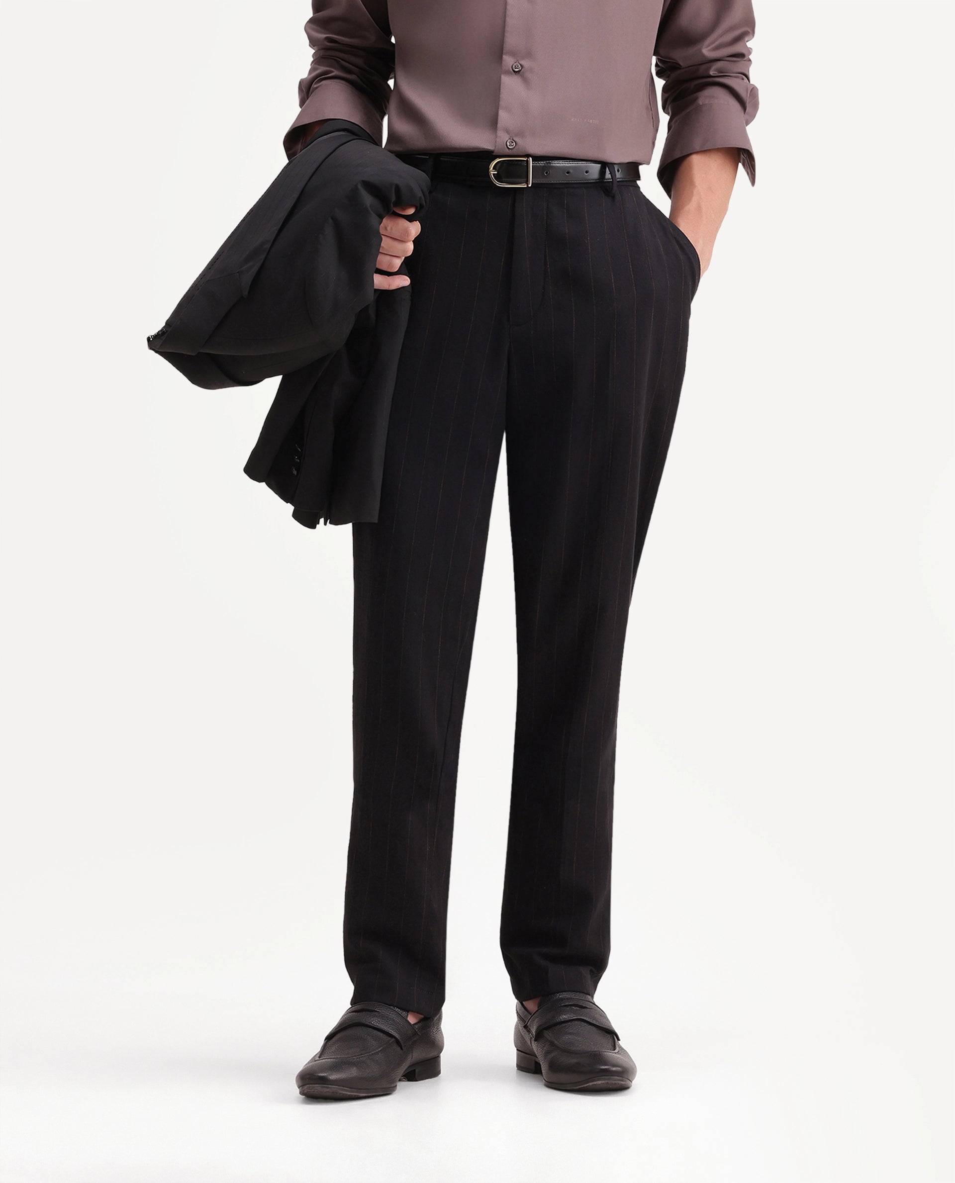 Rare Rabbit Men's Jlo-A26 Primary Black Linen Blend Button And Zip Regular Striped Trouser