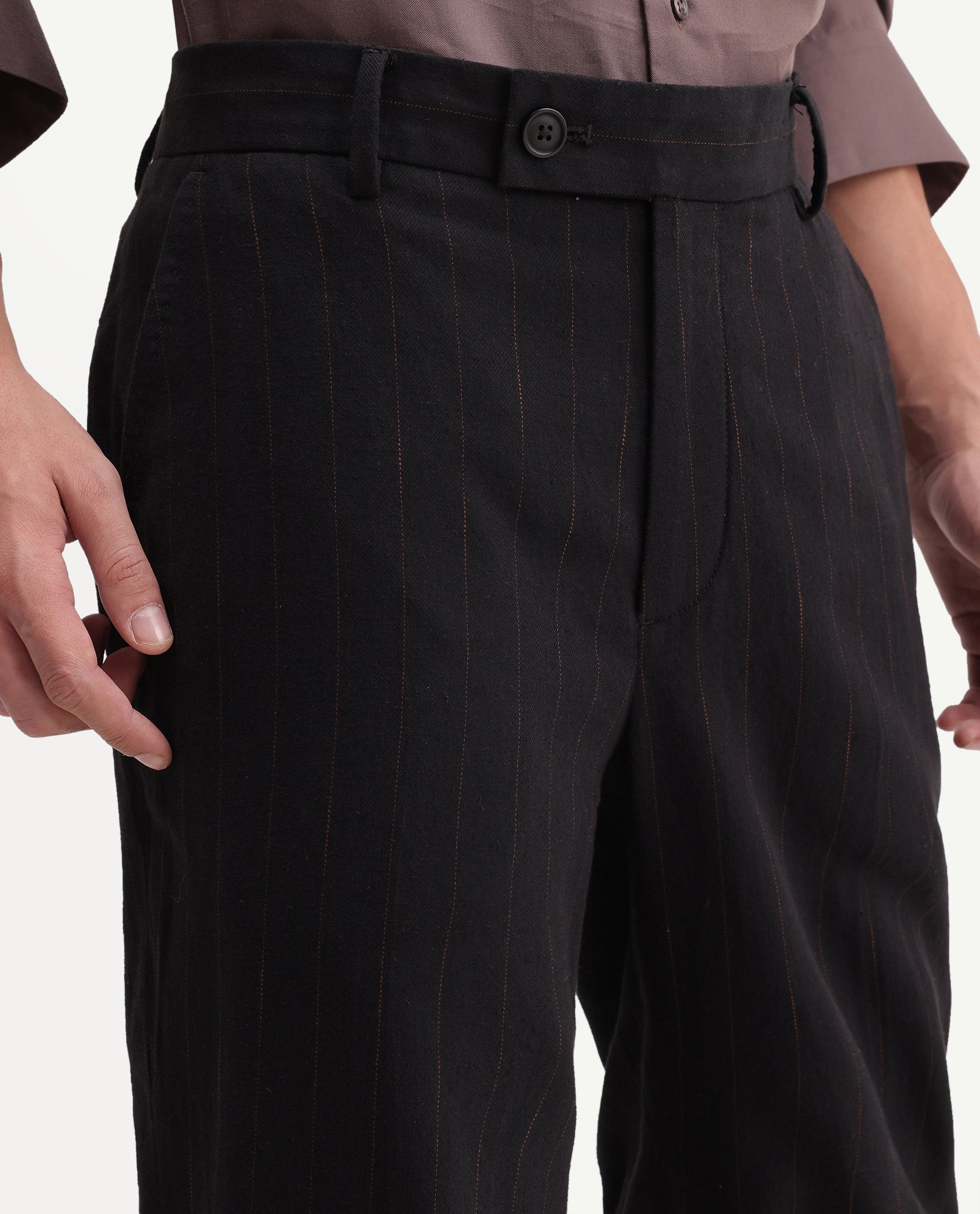 Rare Rabbit Men's Jlo-A26 Primary Black Linen Blend Button And Zip Regular Striped Trouser