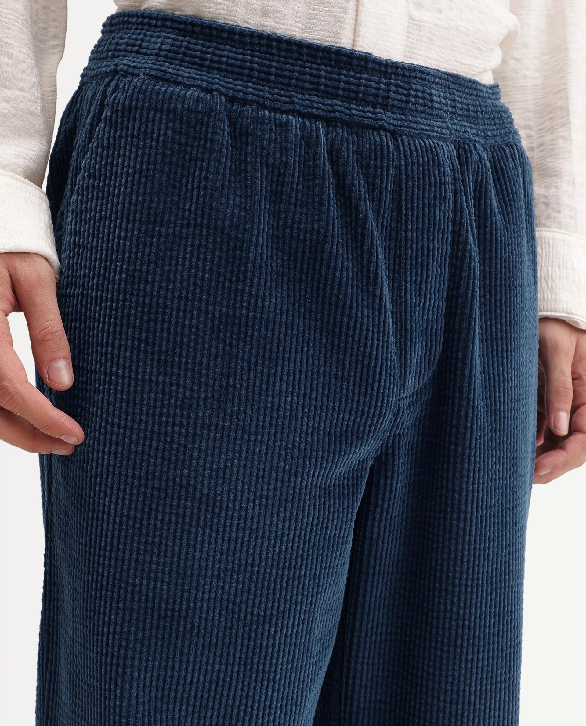 Rare Rabbit Men's Cort Dark Navy Cotton Drawstring Regular Fit Plain Trouser