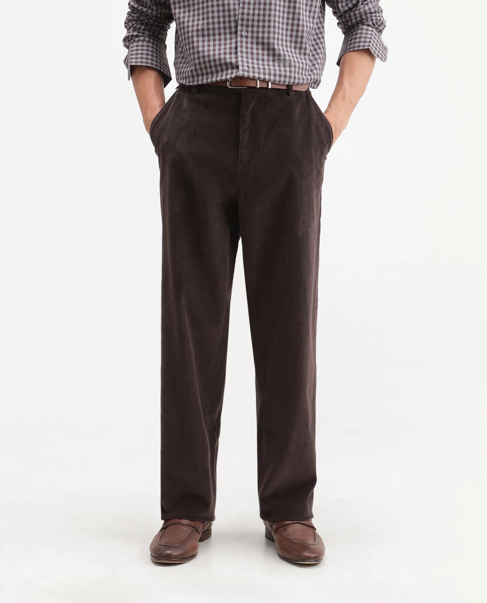 Rare Rabbit Men's Cordo Dark Brown Cotton Blend Button And Zip Regular Plain Trouser