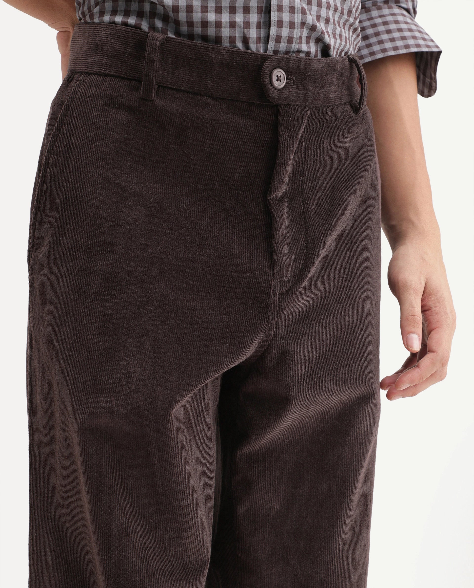 Rare Rabbit Men's Cordo Dark Brown Cotton Blend Button And Zip Regular Plain Trouser