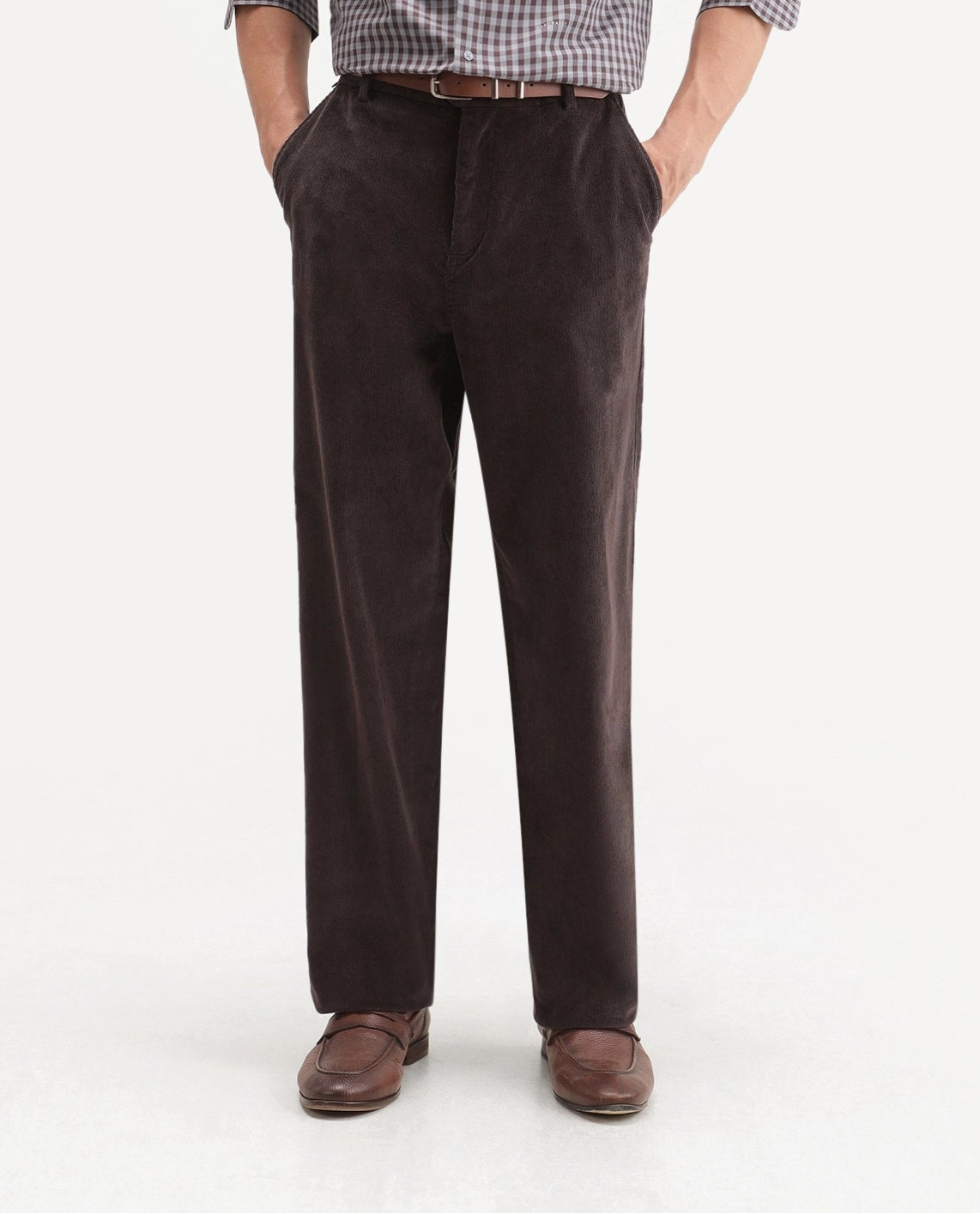 Rare Rabbit Men's Cordo Dark Brown Cotton Blend Button And Zip Regular Plain Trouser