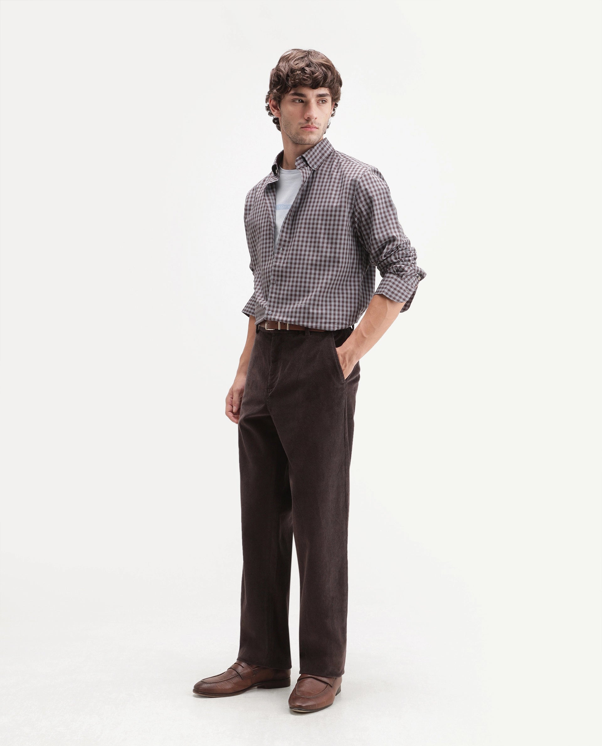 Rare Rabbit Men's Cordo Dark Brown Cotton Blend Button And Zip Regular Plain Trouser