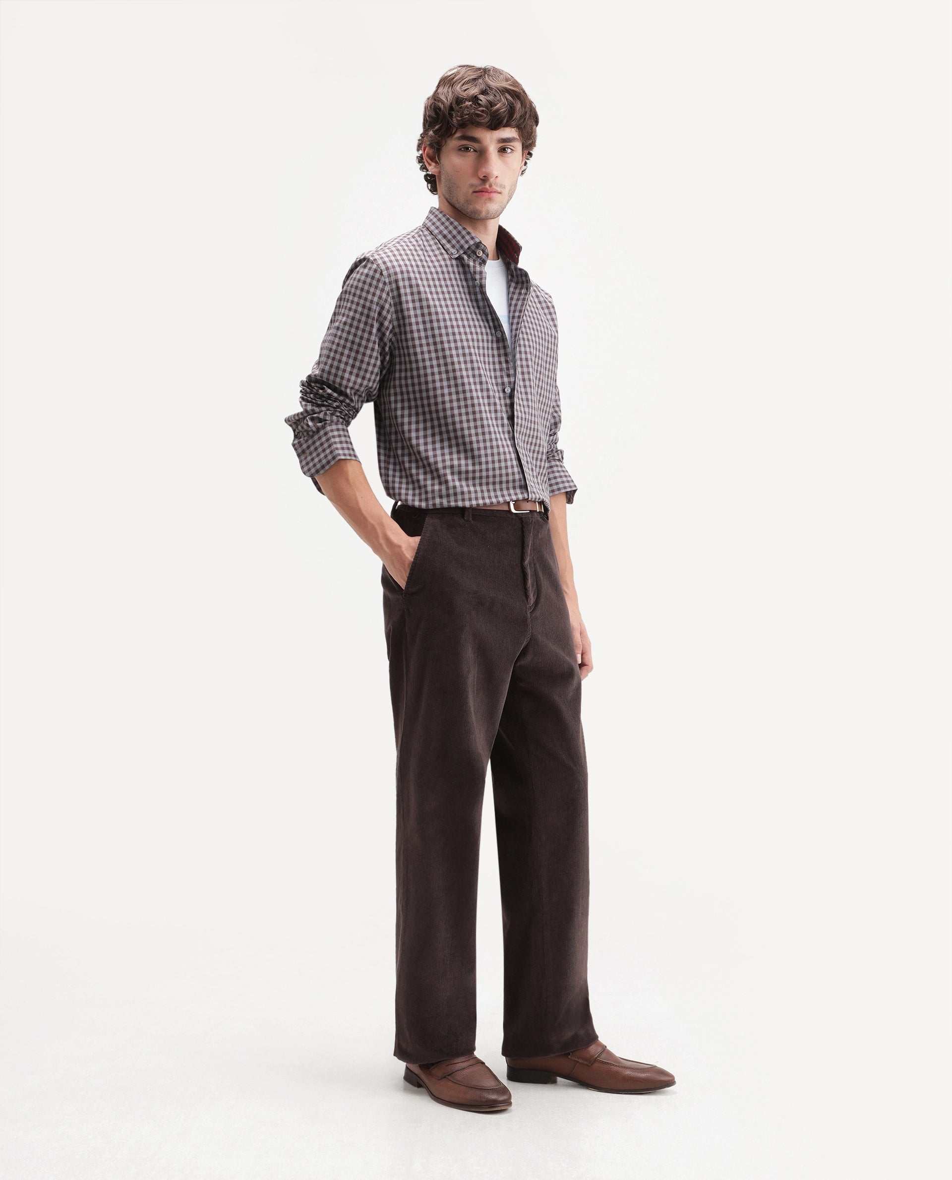 Rare Rabbit Men's Cordo Dark Brown Cotton Blend Button And Zip Regular Plain Trouser